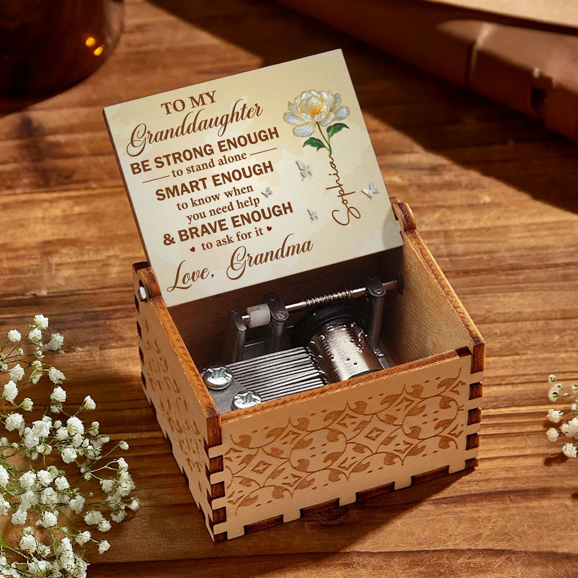 Personalized Wooden Music Box Custom Birth Month Flower Gift for Granddaughter