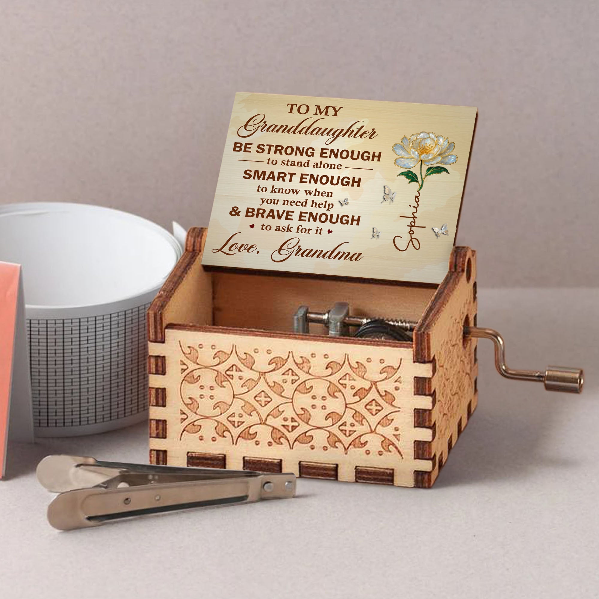 Personalized Wooden Music Box Custom Birth Month Flower Gift for Granddaughter