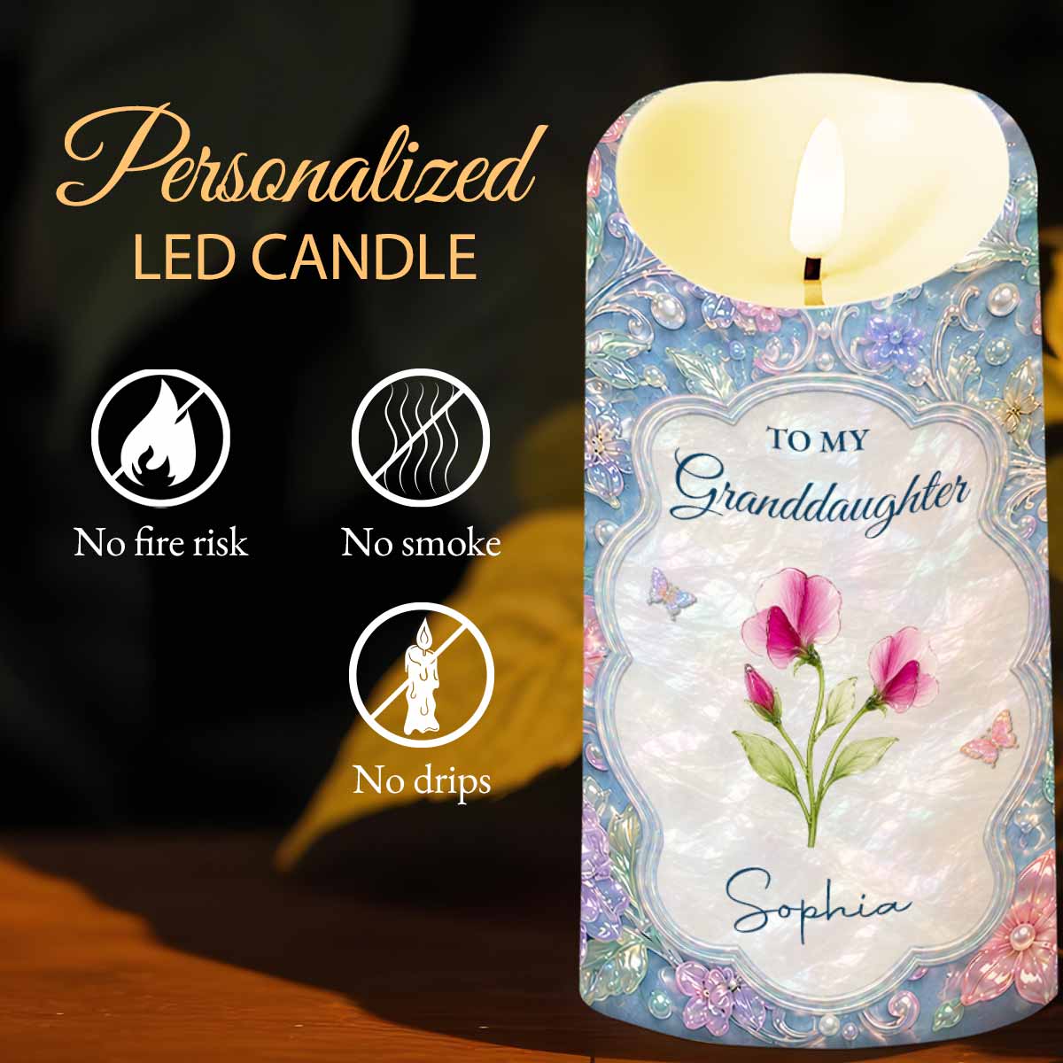 Personalized LED Candle for Granddaughter with Flowers & Butterflies