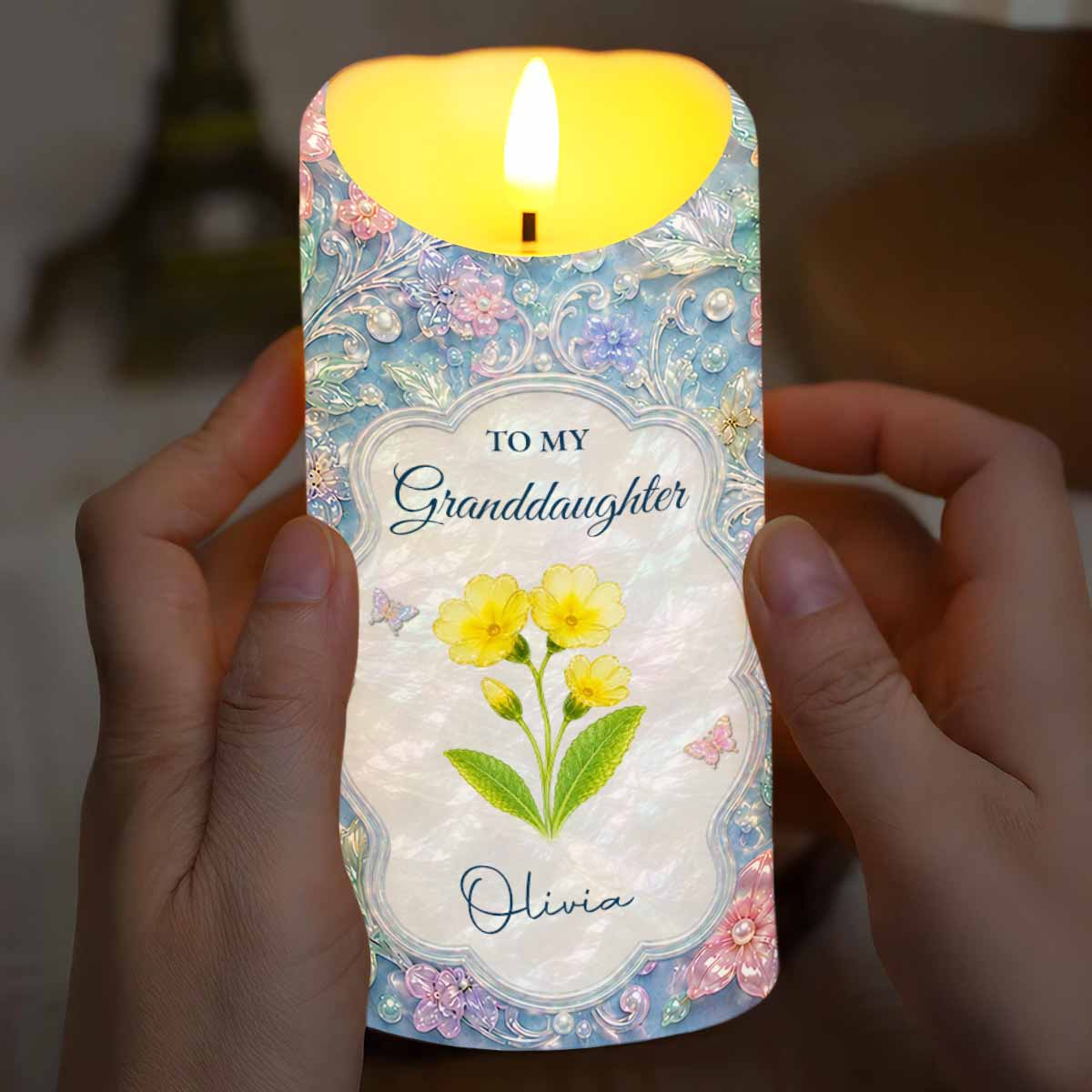 Personalized LED Candle for Granddaughter with Flowers & Butterflies