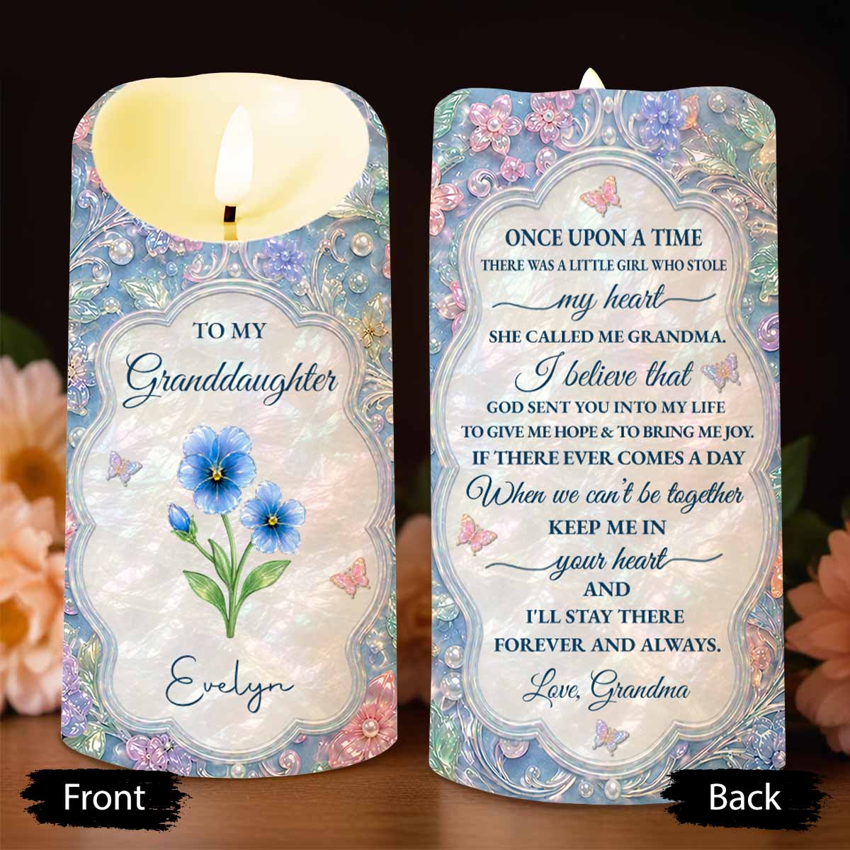 Personalized LED Candle for Granddaughter with Flowers & Butterflies