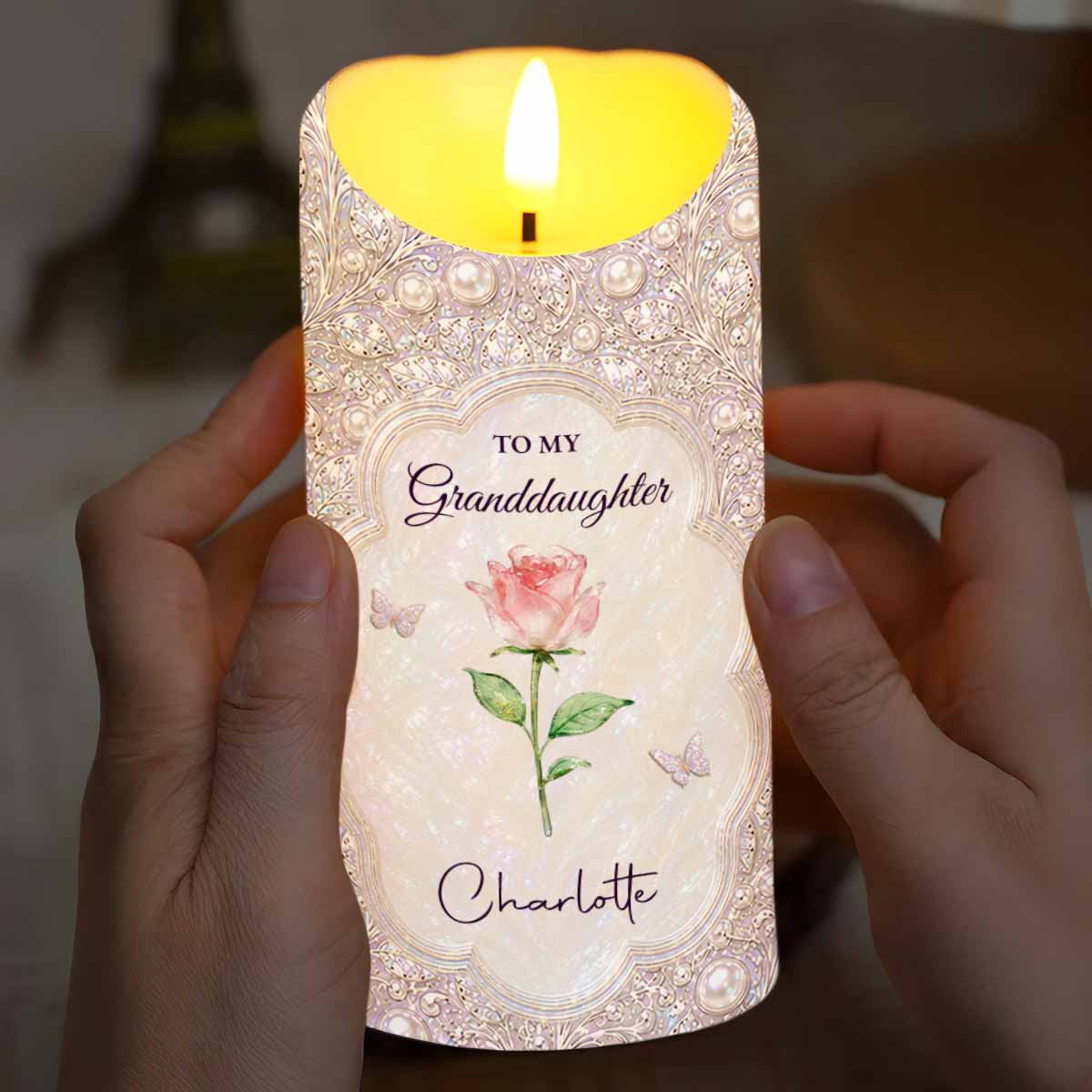 Personalized LED Candle for Granddaughter with Birth Month Flower & Butterfly Gift
