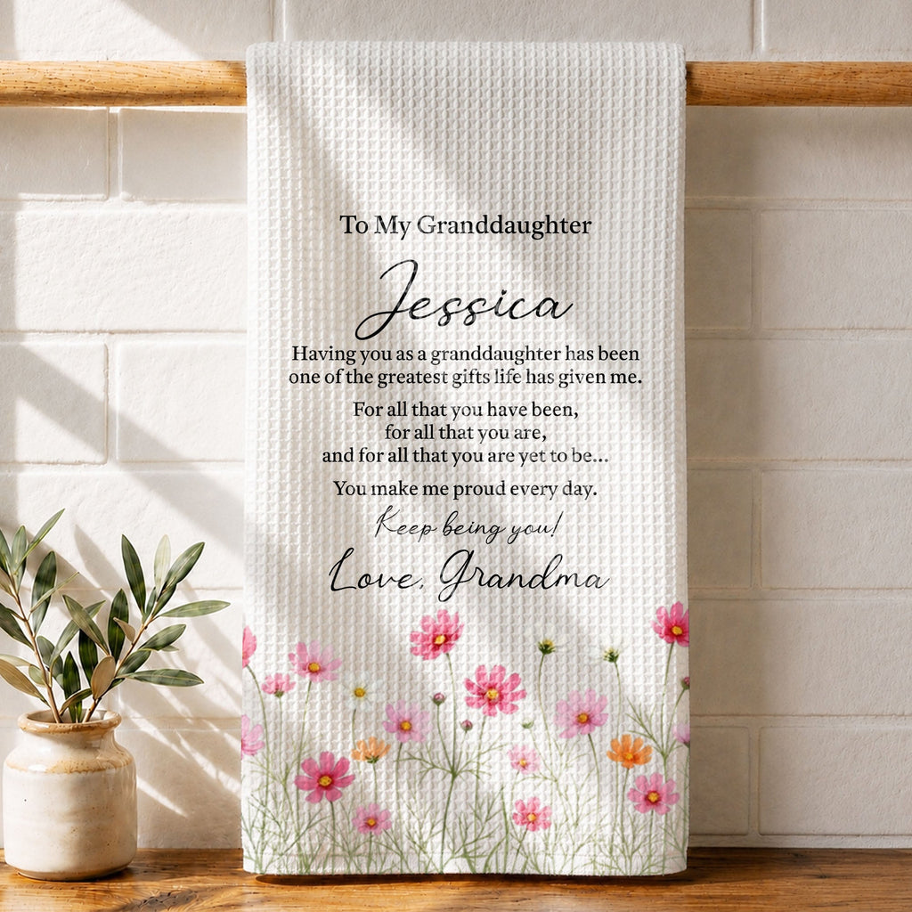 Personalized Kitchen Towel Custom Pink Flower Gift for Granddaughter