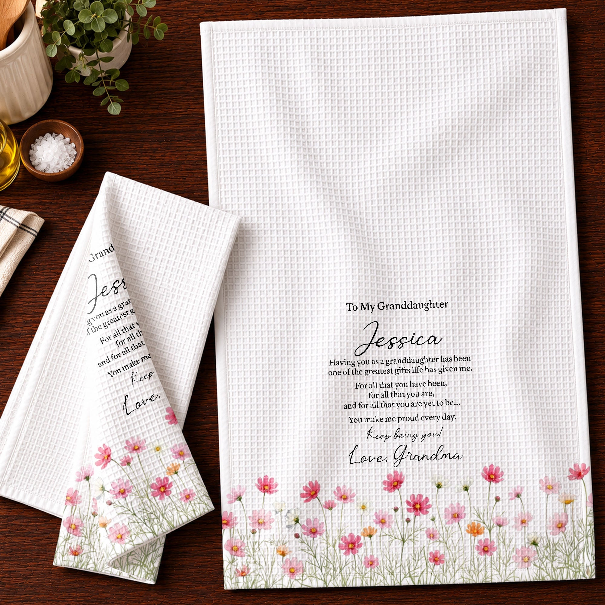 Personalized Kitchen Towel Custom Pink Flower Gift for Granddaughter