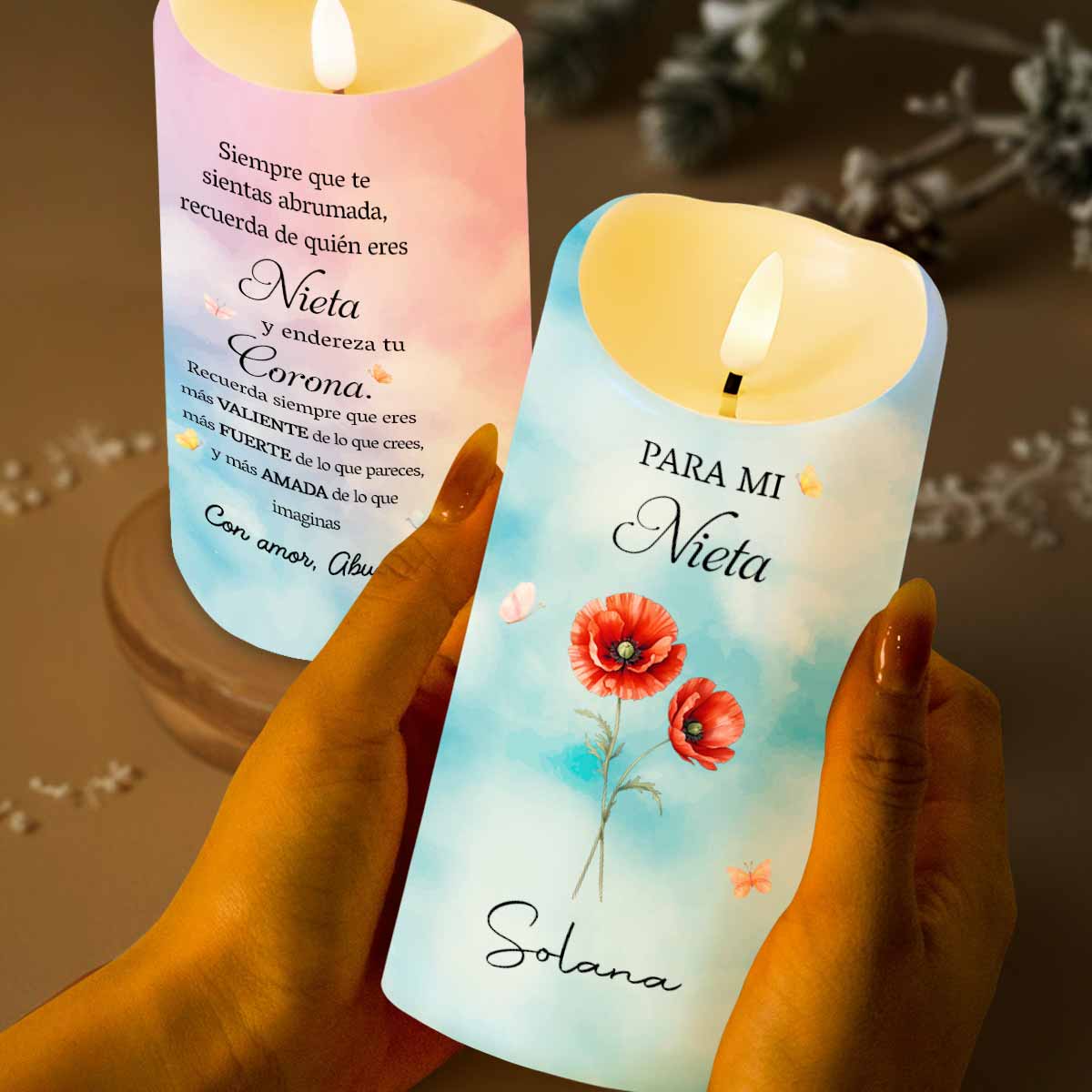 Personalized LED Candle for Granddaughter with Flowers & Butterflies Gift