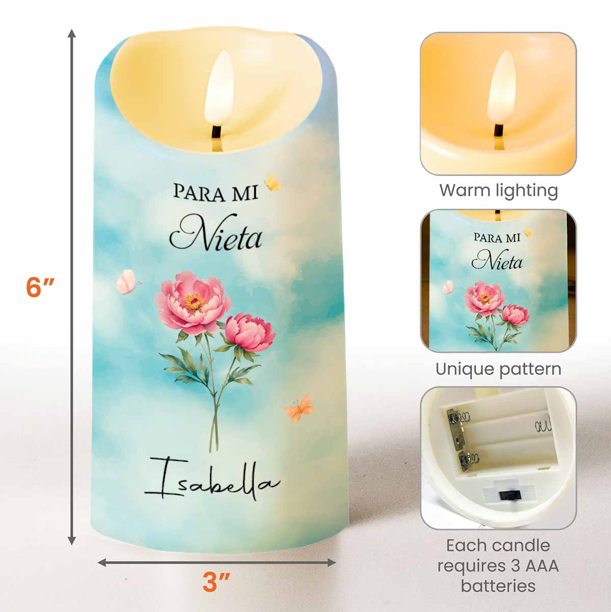 Personalized LED Candle for Granddaughter with Flowers & Butterflies Gift