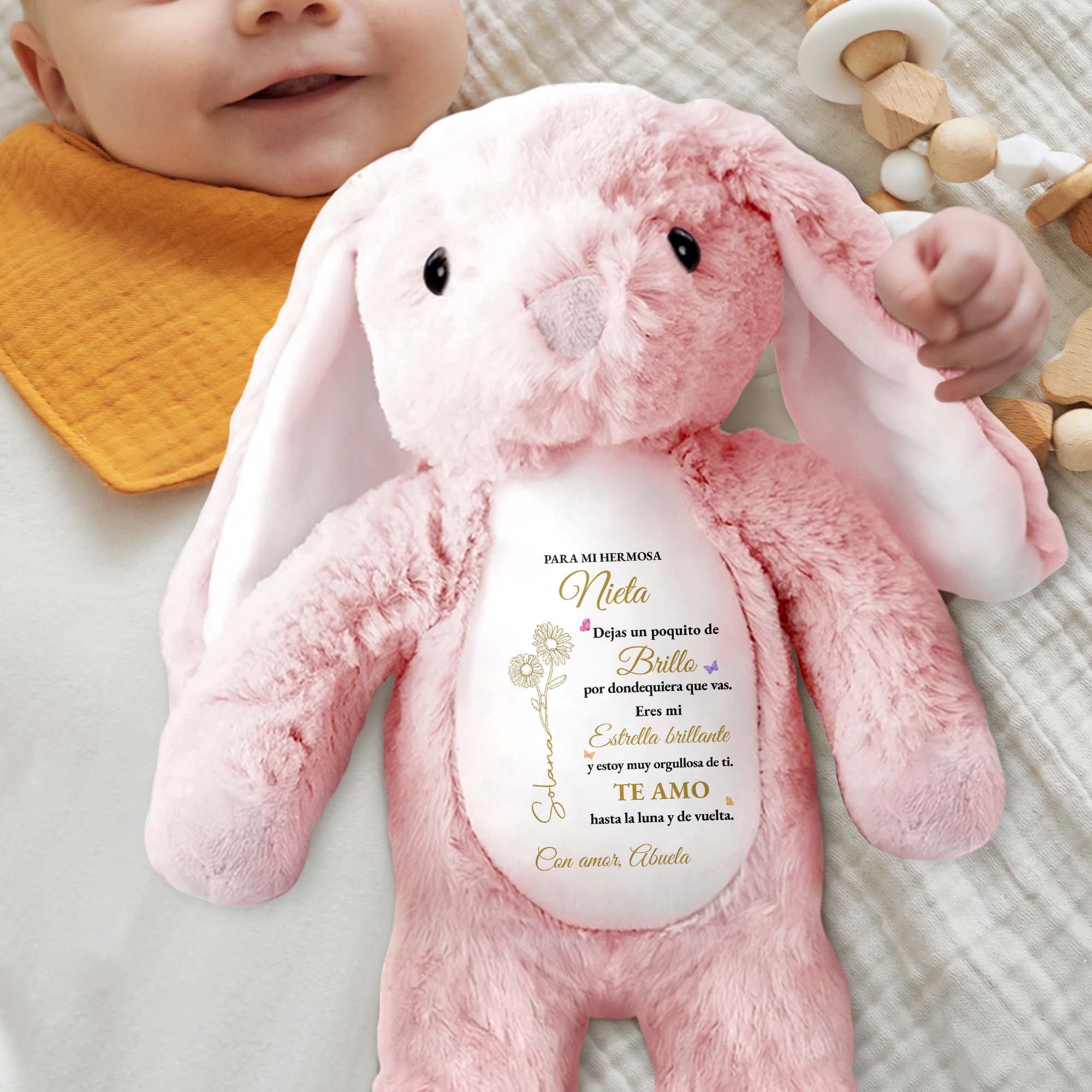 Personalized Stuffed Bunny Custom Name Birth Month Flowers Gift for Granddaughter