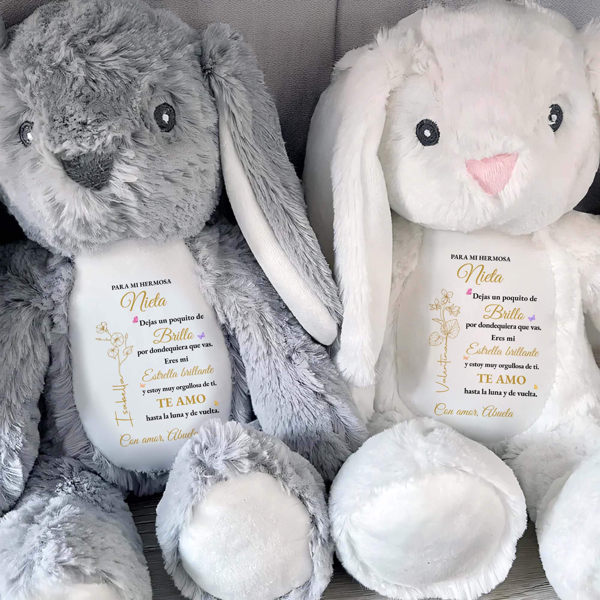 Personalized Stuffed Bunny Custom Name Birth Month Flowers Gift for Granddaughter