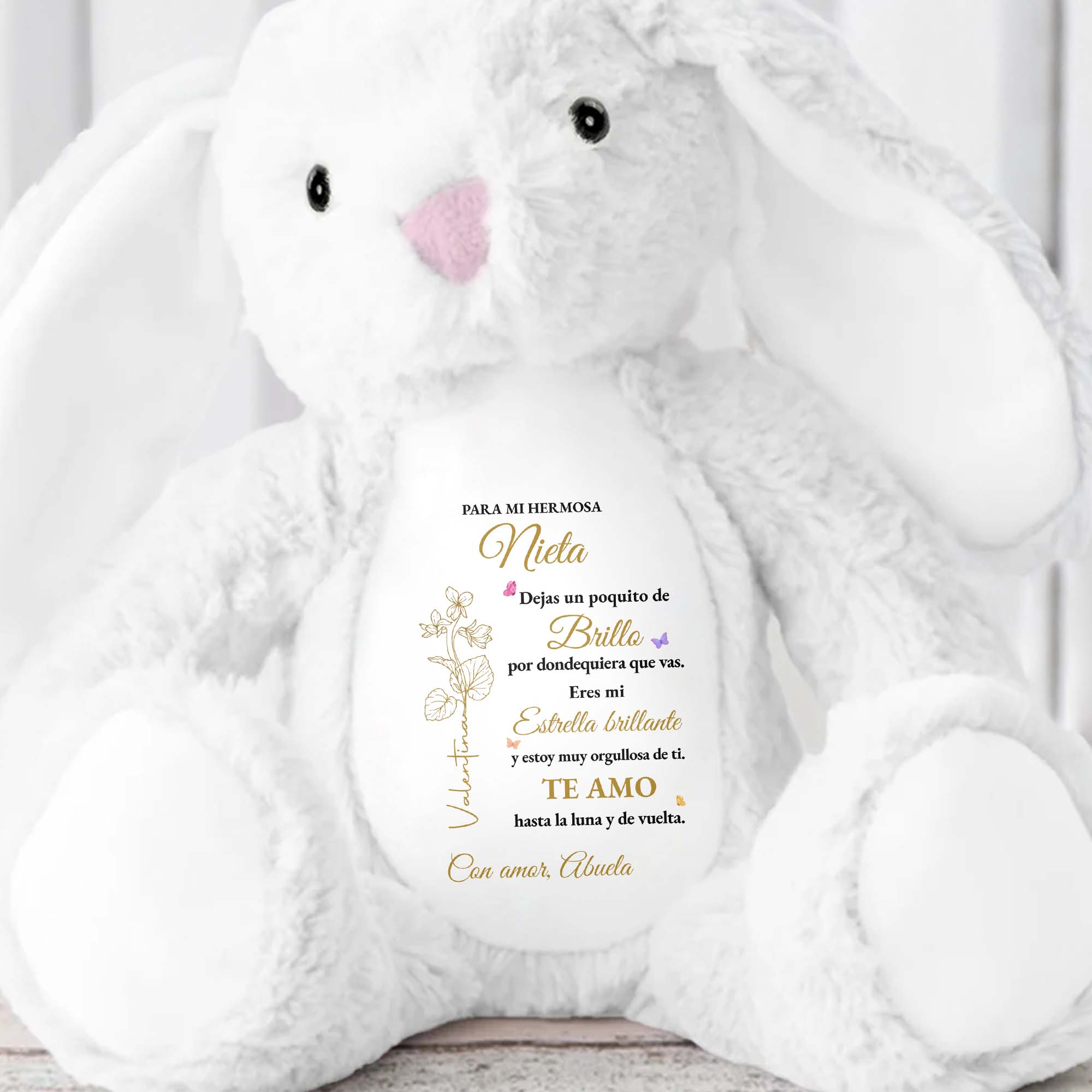 Personalized Stuffed Bunny Custom Name Birth Month Flowers Gift for Granddaughter