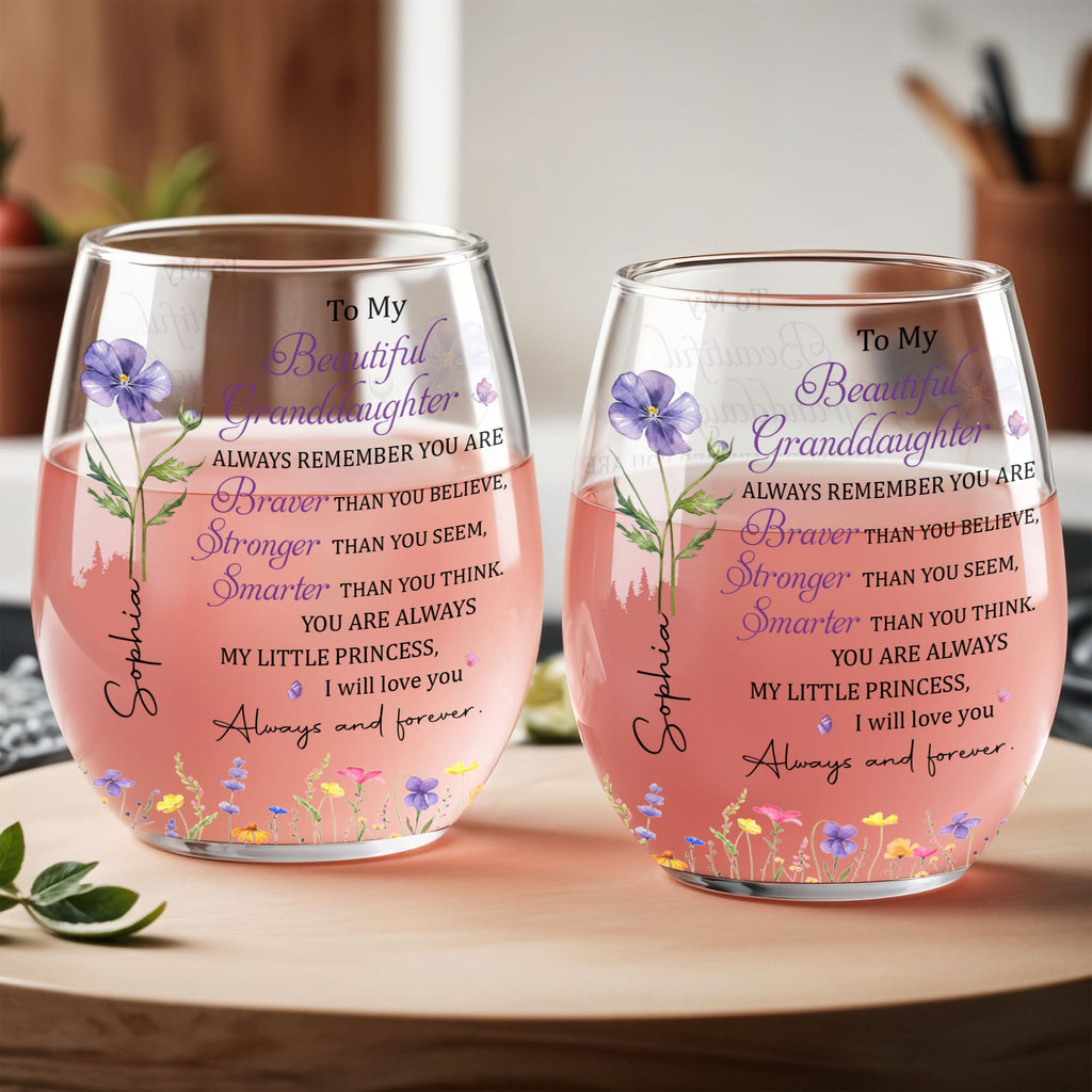 Personalized Stemless Wine Glass with Birth Month Flowers Gift for Granddaughter Wine Glasses GradoCreations