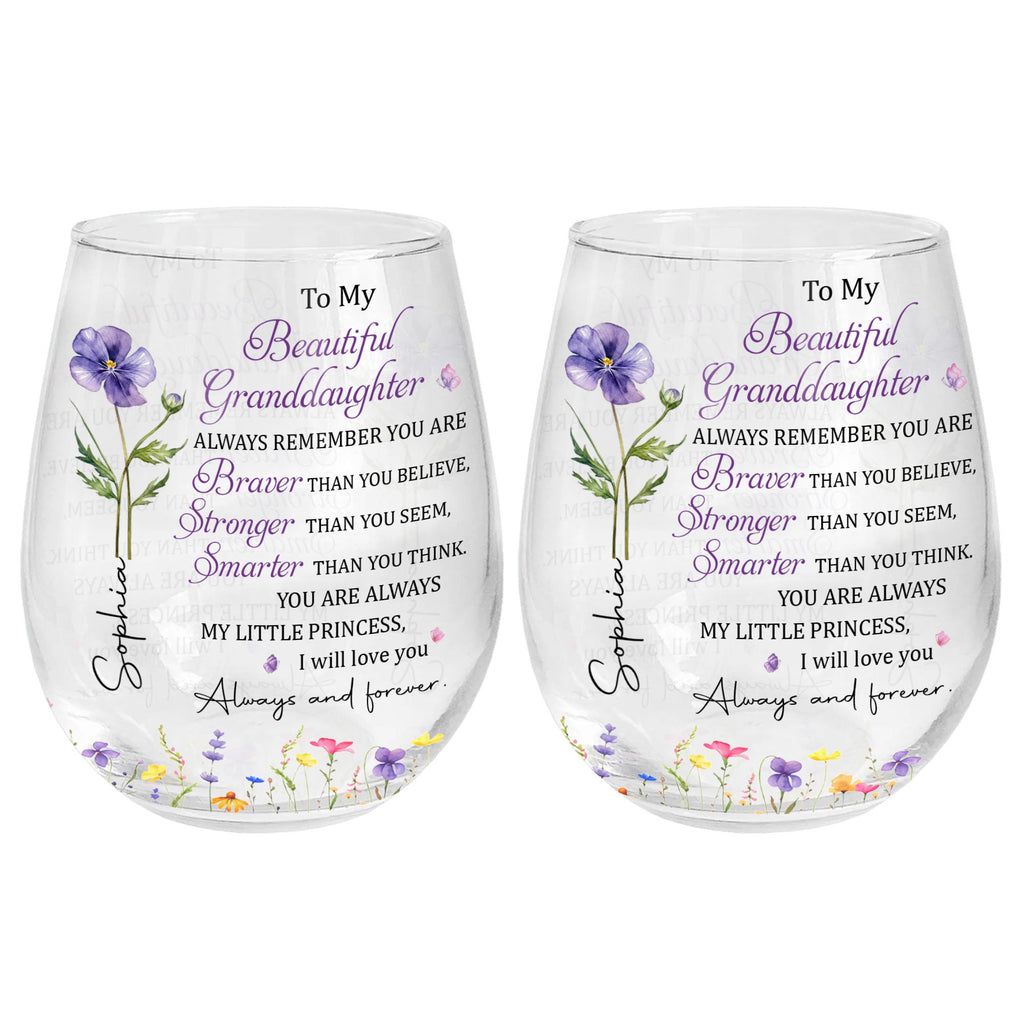 Personalized Stemless Wine Glass with Birth Month Flowers Gift for Granddaughter Wine Glasses GradoCreations