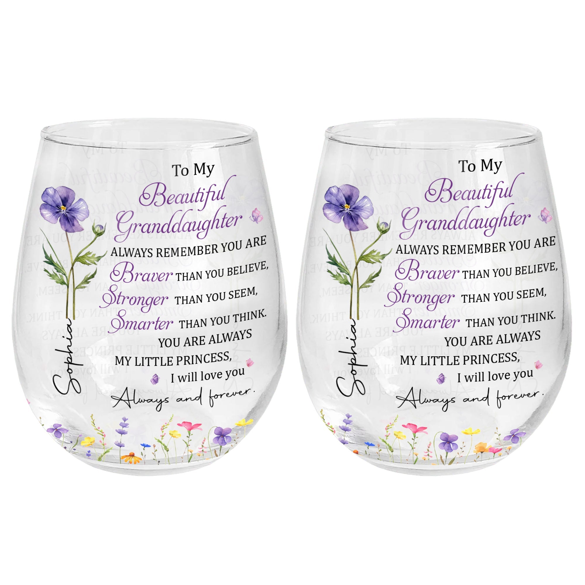 Personalized Stemless Wine Glass with Birth Month Flowers Gift for Granddaughter Wine Glasses GradoCreations
