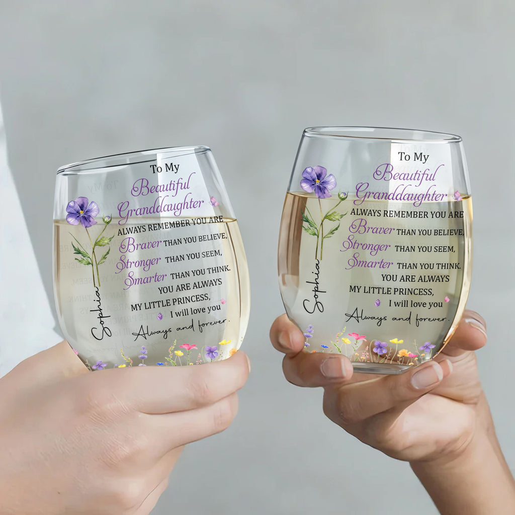 Personalized Stemless Wine Glass with Birth Month Flowers Gift for Granddaughter Wine Glasses GradoCreations