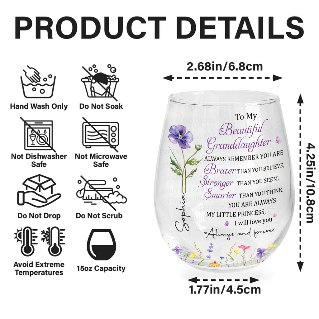 Personalized Stemless Wine Glass with Birth Month Flowers Gift for Granddaughter Wine Glasses GradoCreations