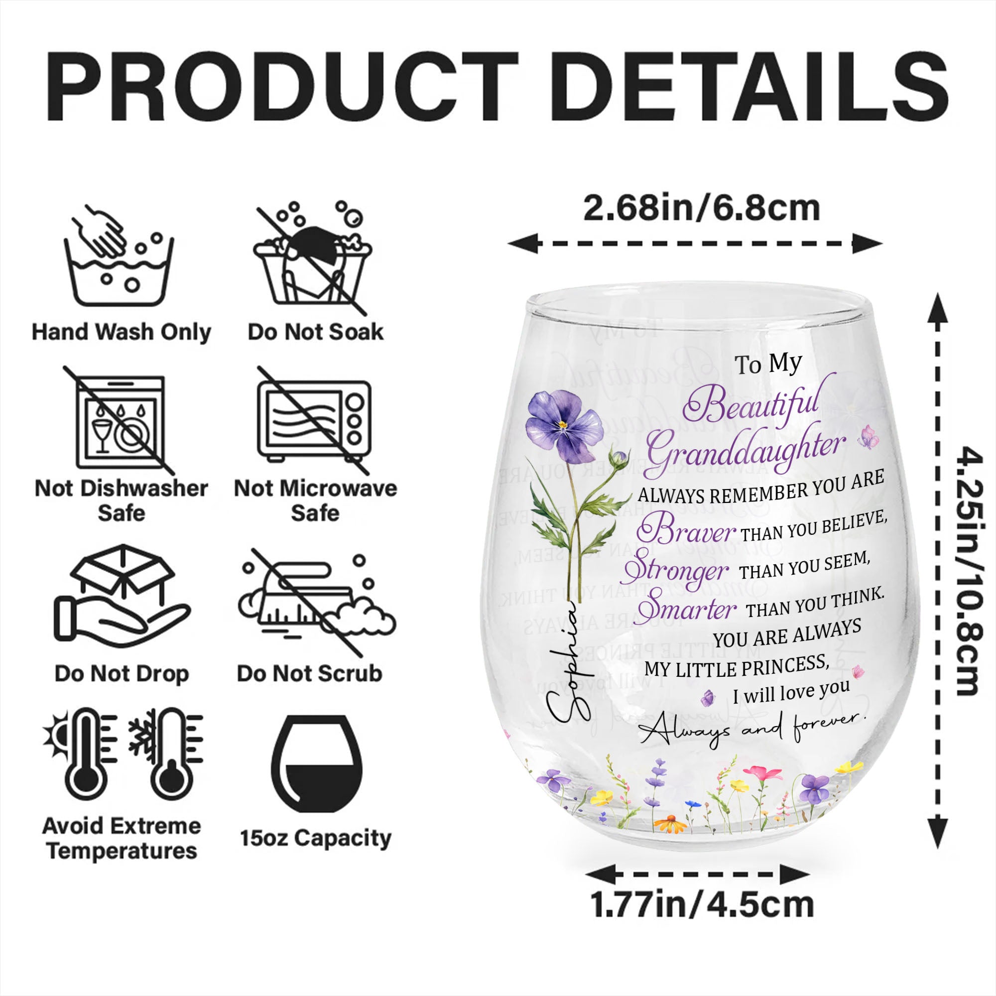 Personalized Stemless Wine Glass with Birth Month Flowers Gift for Granddaughter Wine Glasses GradoCreations