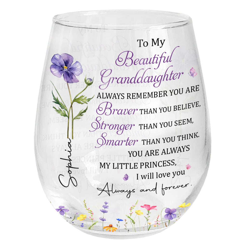 Personalized Stemless Wine Glass with Birth Month Flowers Gift for Granddaughter Wine Glasses GradoCreations