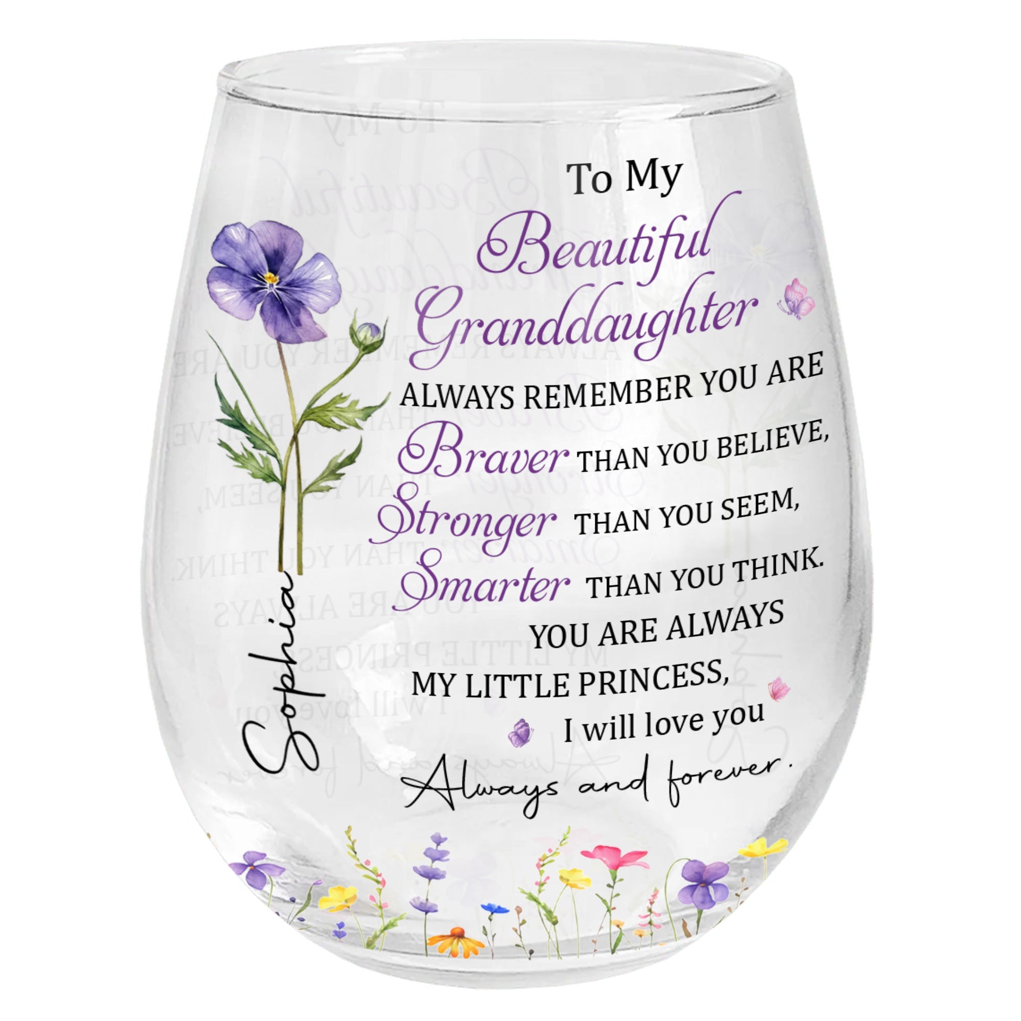 Personalized Stemless Wine Glass with Birth Month Flowers Gift for Granddaughter Wine Glasses GradoCreations