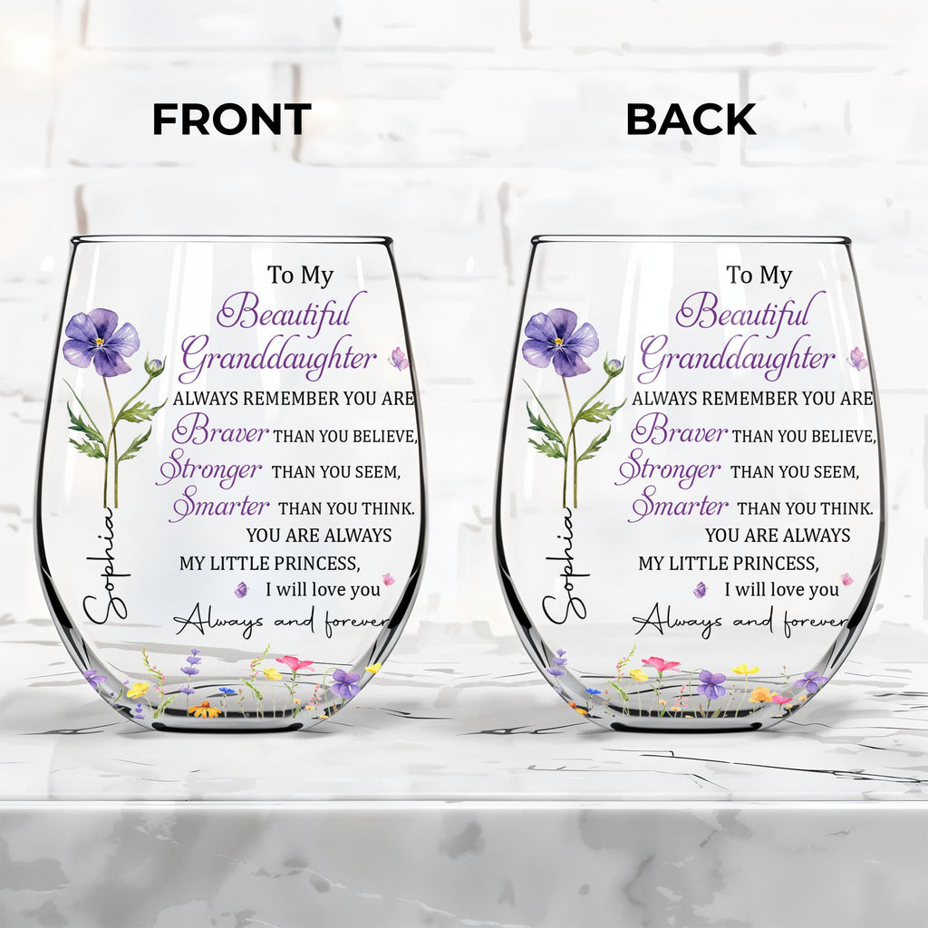 Personalized Stemless Wine Glass with Birth Month Flowers Gift for Granddaughter Wine Glasses GradoCreations