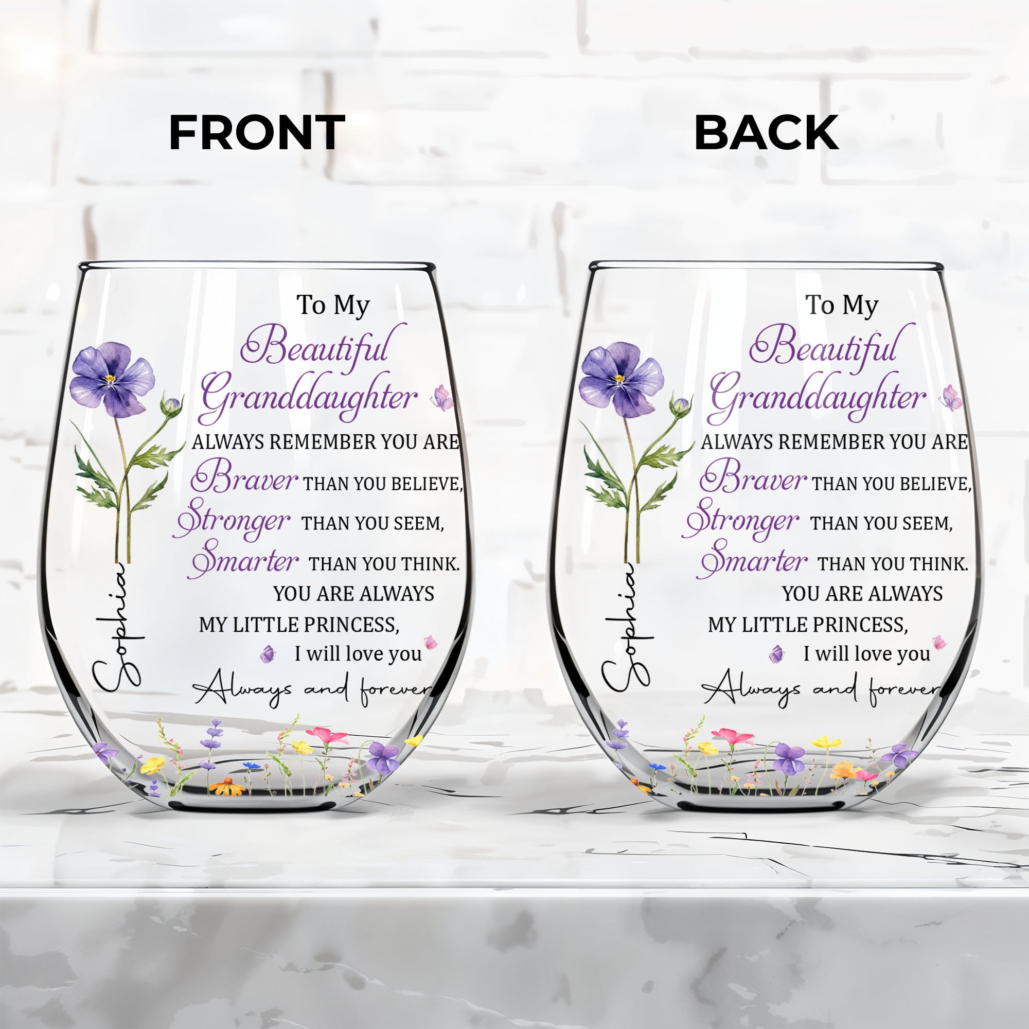 Personalized Stemless Wine Glass with Birth Month Flowers Gift for Granddaughter Wine Glasses GradoCreations