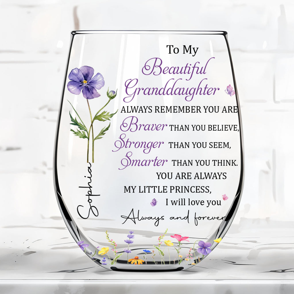 Personalized Stemless Wine Glass with Birth Month Flowers Gift for Granddaughter Wine Glasses GradoCreations