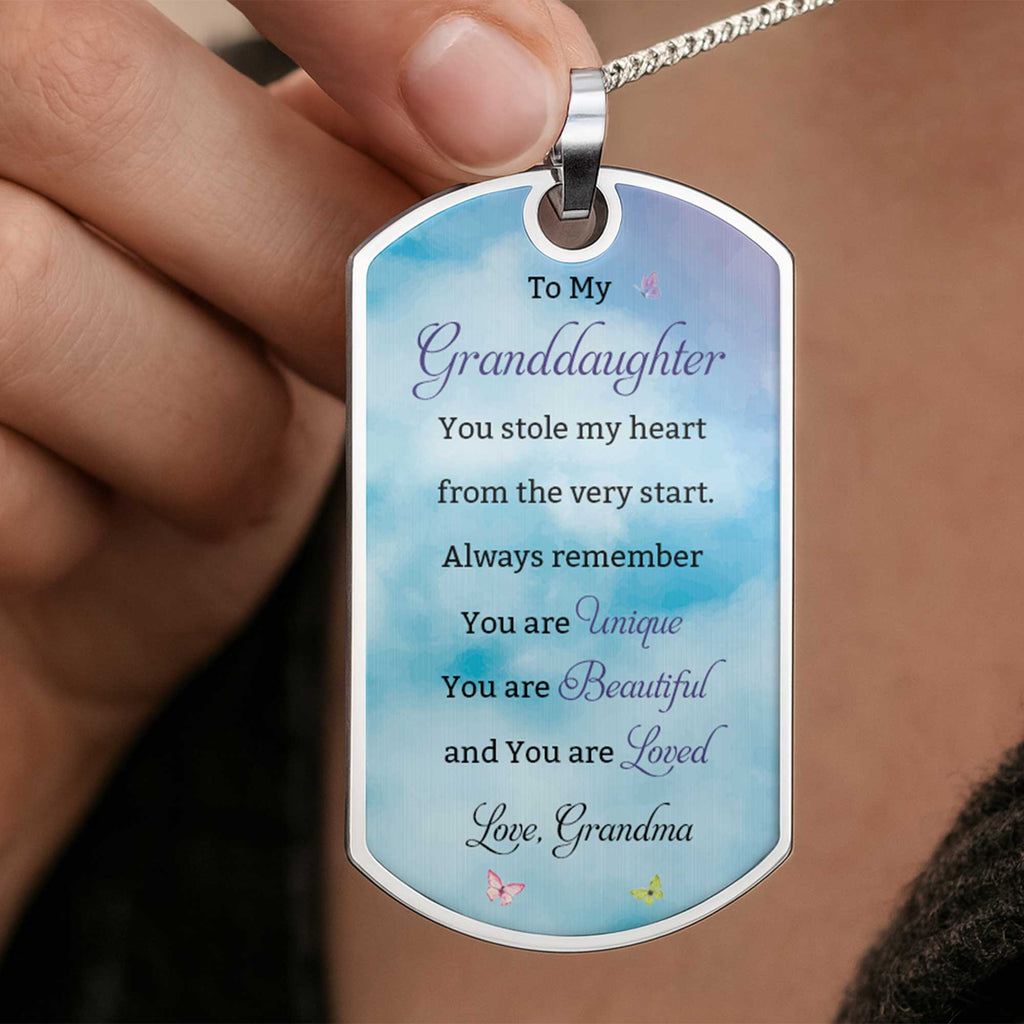 Personalized Dog Tag Necklace Custom Text for Granddaughter - Unique Gift Dog Tag Necklace GradoCreations
