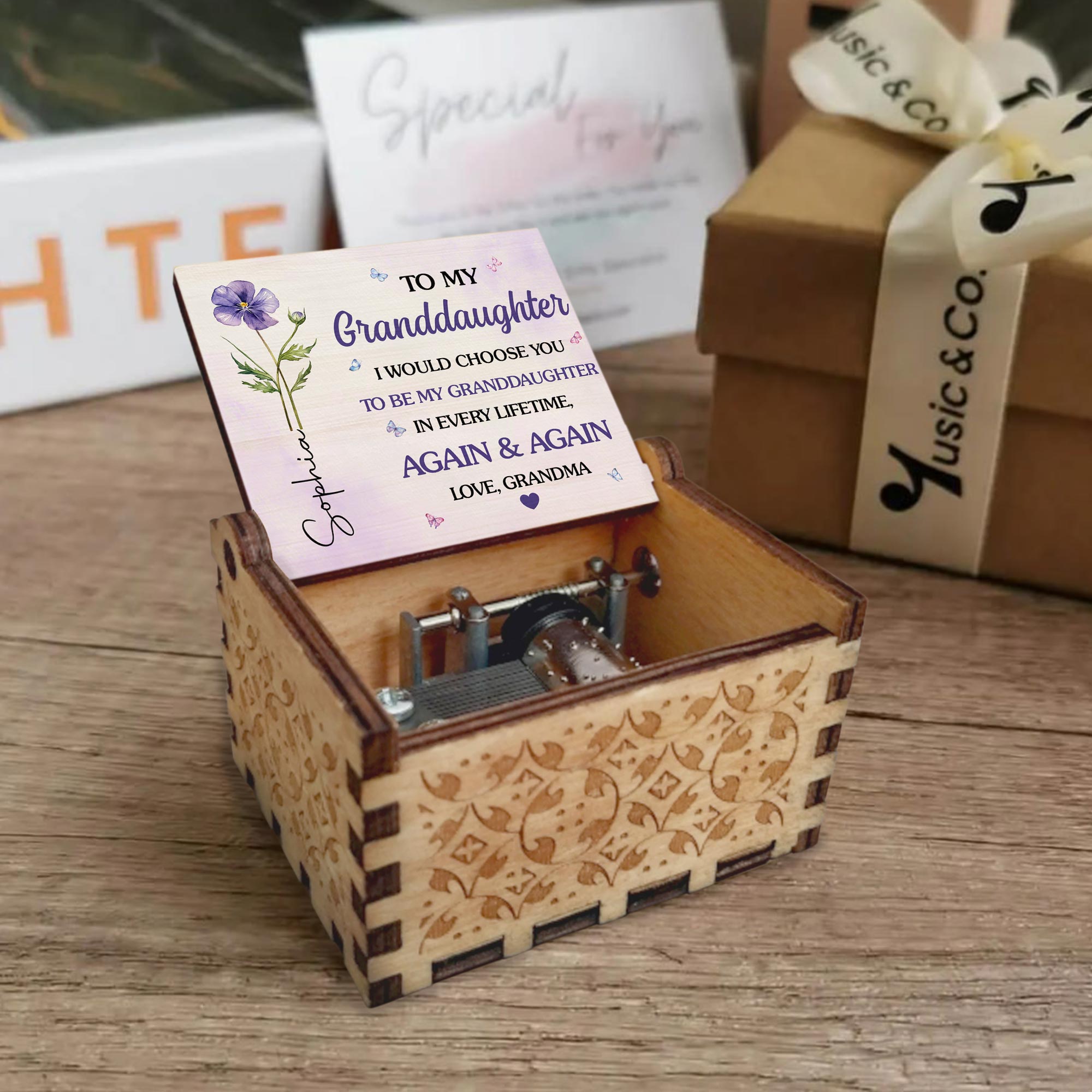 Personalized Wooden Music Box Custom Name Flower Gift for Granddaughter Music Box GradoCreations