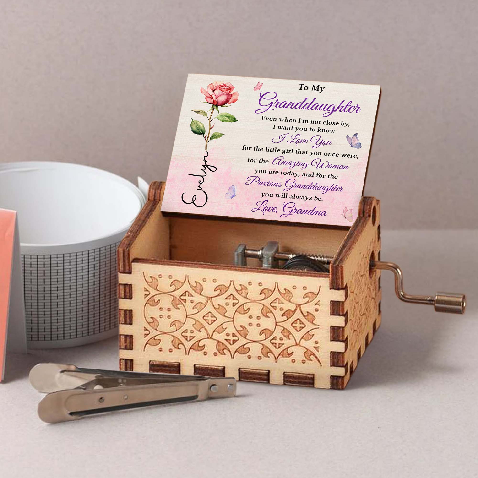 Personalized Wooden Music Box Custom Tune for Granddaughter Gift Music Box GradoCreations