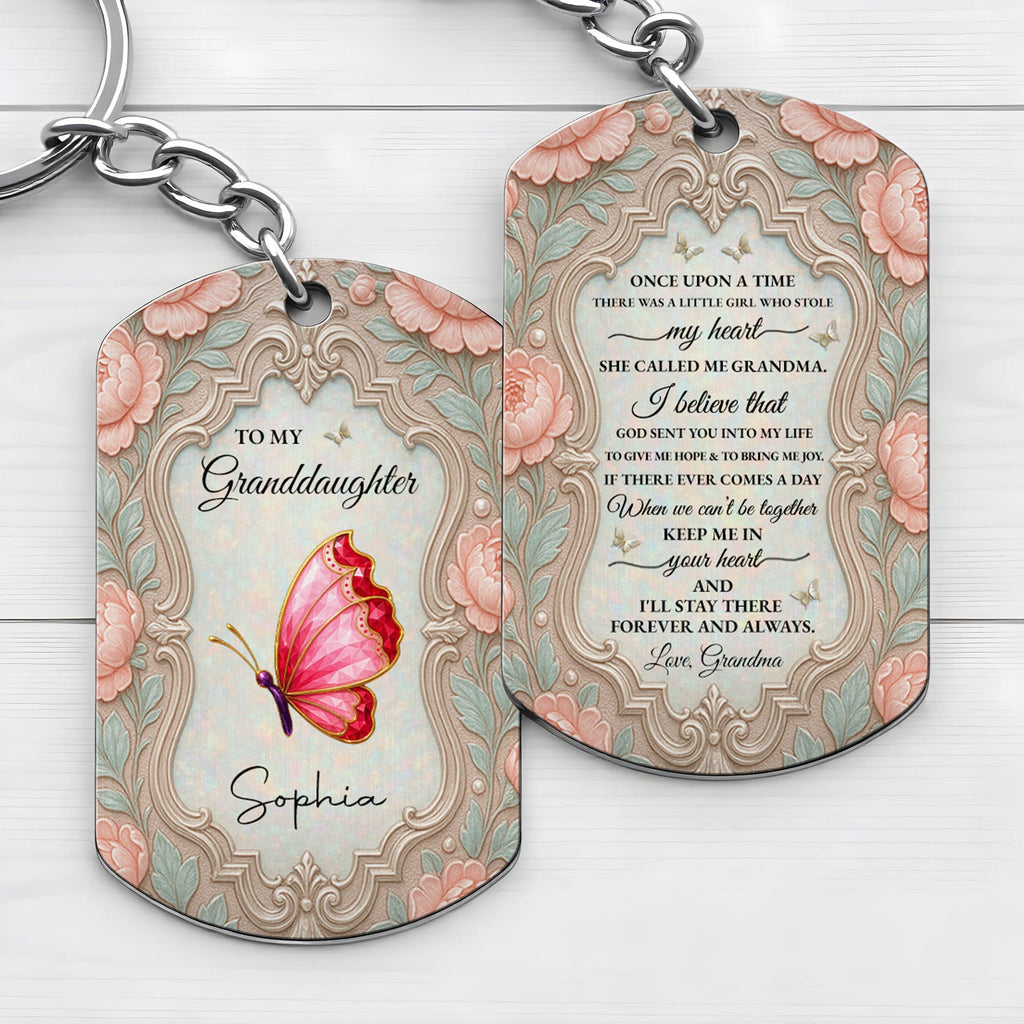 Personalized Stainless Steel Keychain for Granddaughter with Butterfly and Pink Flowers Stainless Steel Keychain GradoCreations
