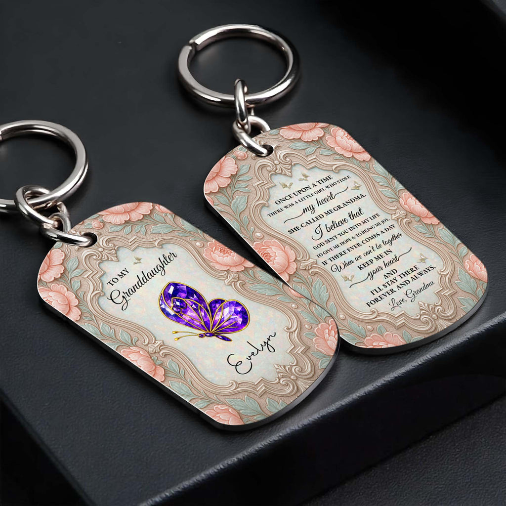 Personalized Stainless Steel Keychain for Granddaughter with Butterfly and Pink Flowers Stainless Steel Keychain GradoCreations