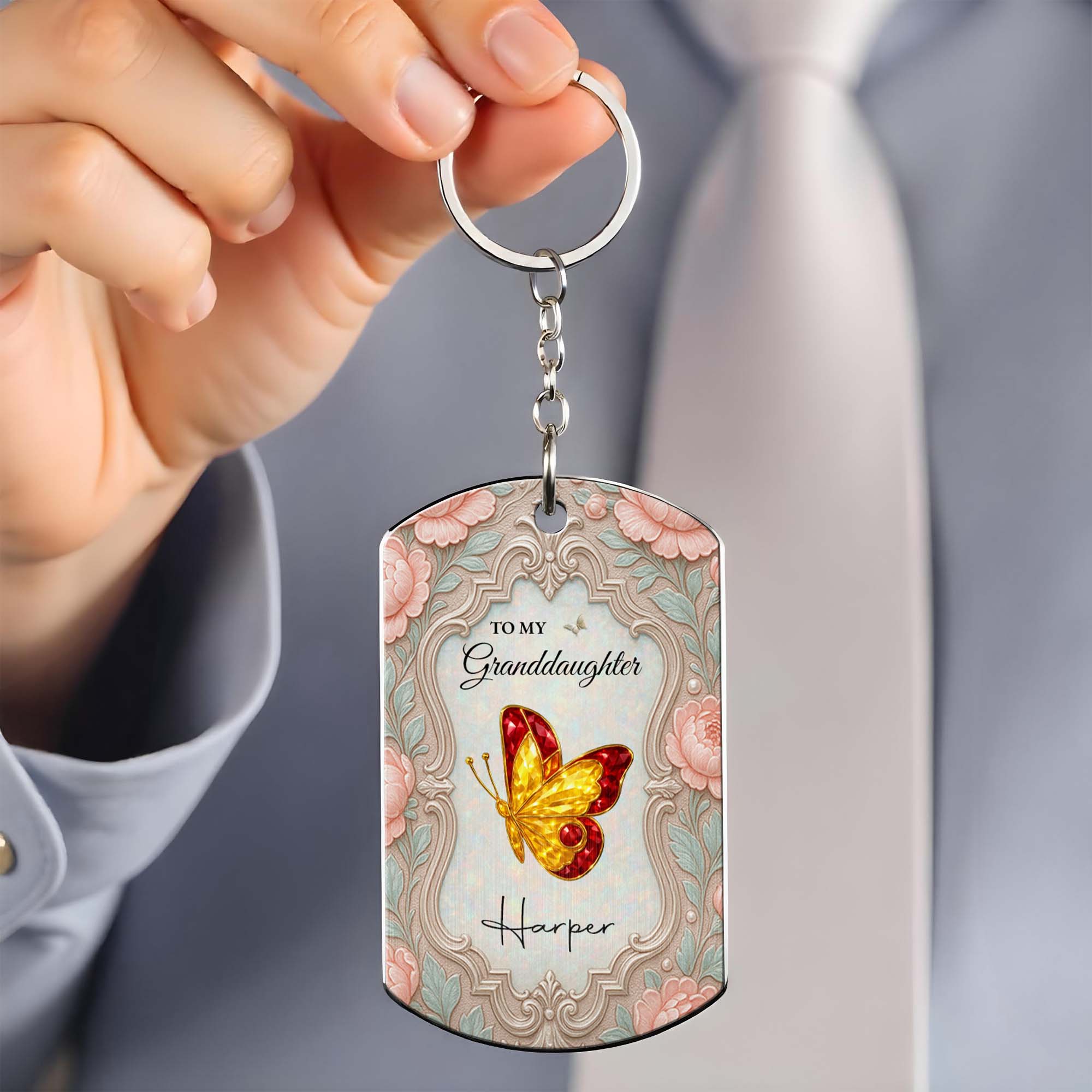 Personalized Stainless Steel Keychain for Granddaughter with Butterfly and Pink Flowers Stainless Steel Keychain GradoCreations