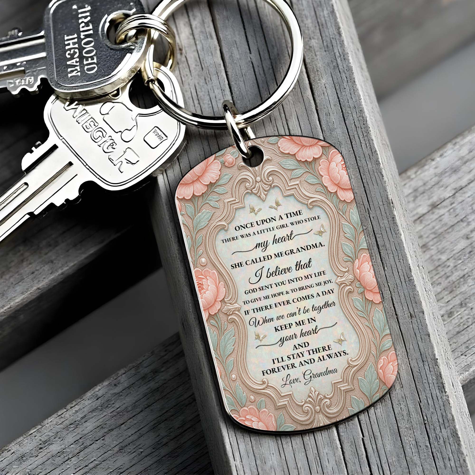 Personalized Stainless Steel Keychain for Granddaughter with Butterfly and Pink Flowers Stainless Steel Keychain GradoCreations