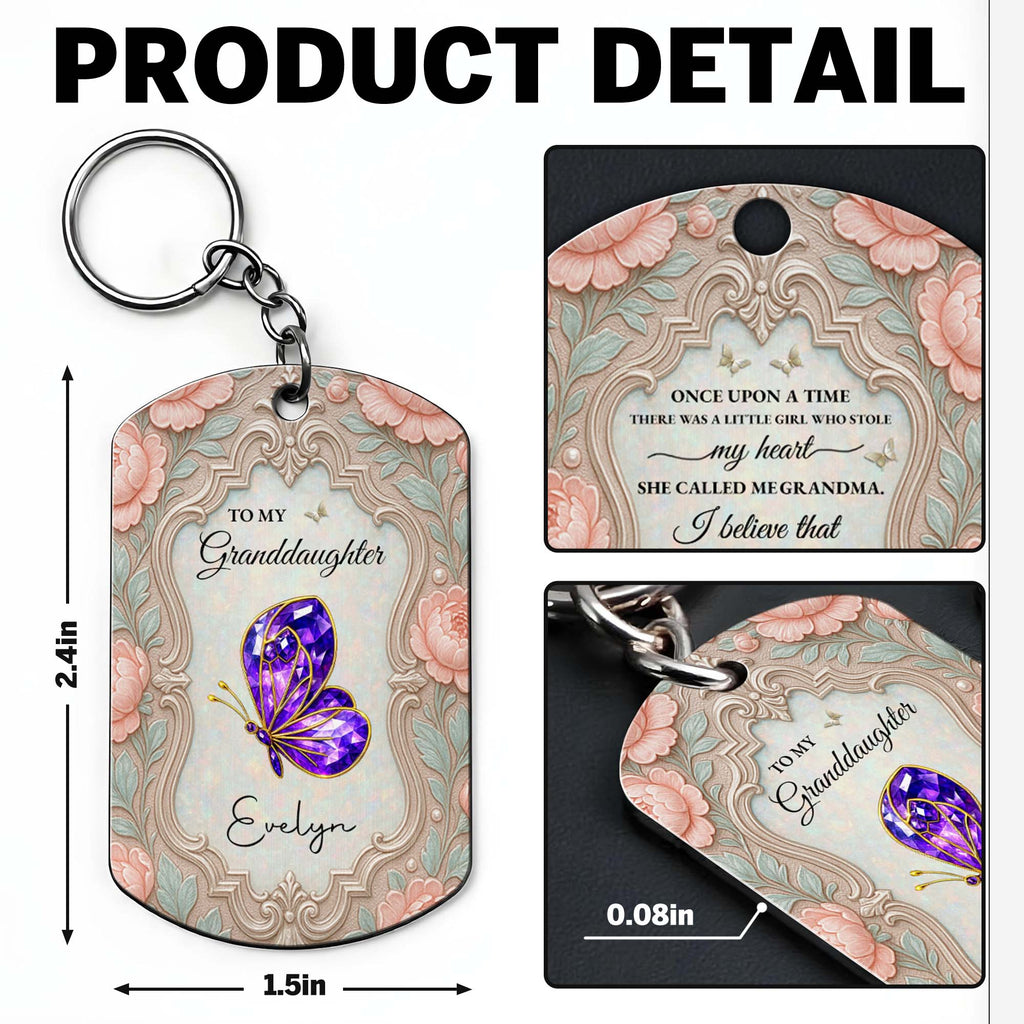 Personalized Stainless Steel Keychain for Granddaughter with Butterfly and Pink Flowers Stainless Steel Keychain GradoCreations