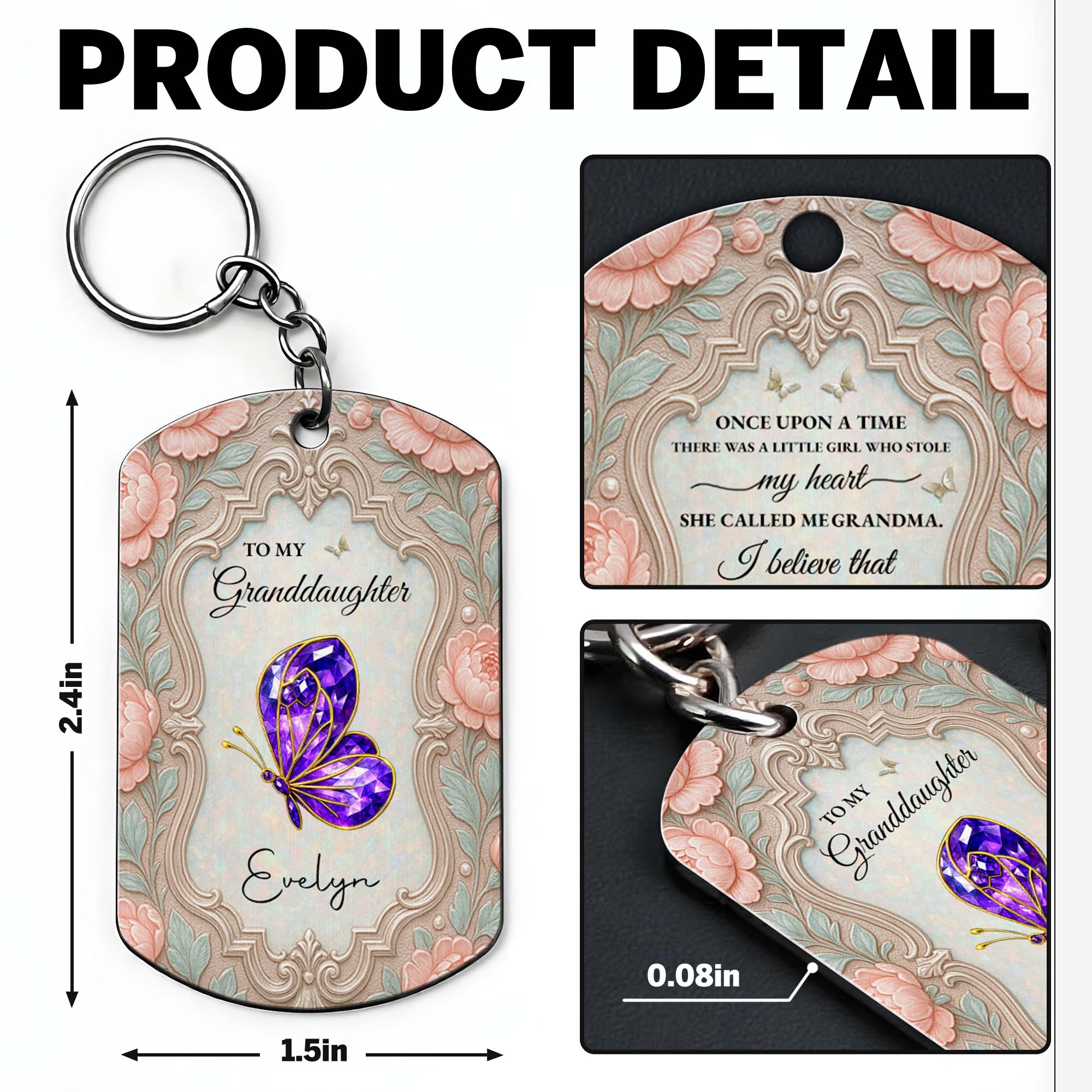 Personalized Stainless Steel Keychain for Granddaughter with Butterfly and Pink Flowers Stainless Steel Keychain GradoCreations