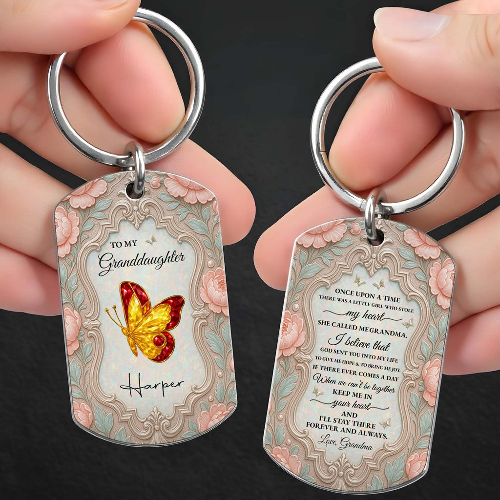 Personalized Stainless Steel Keychain for Granddaughter with Butterfly and Pink Flowers Stainless Steel Keychain GradoCreations