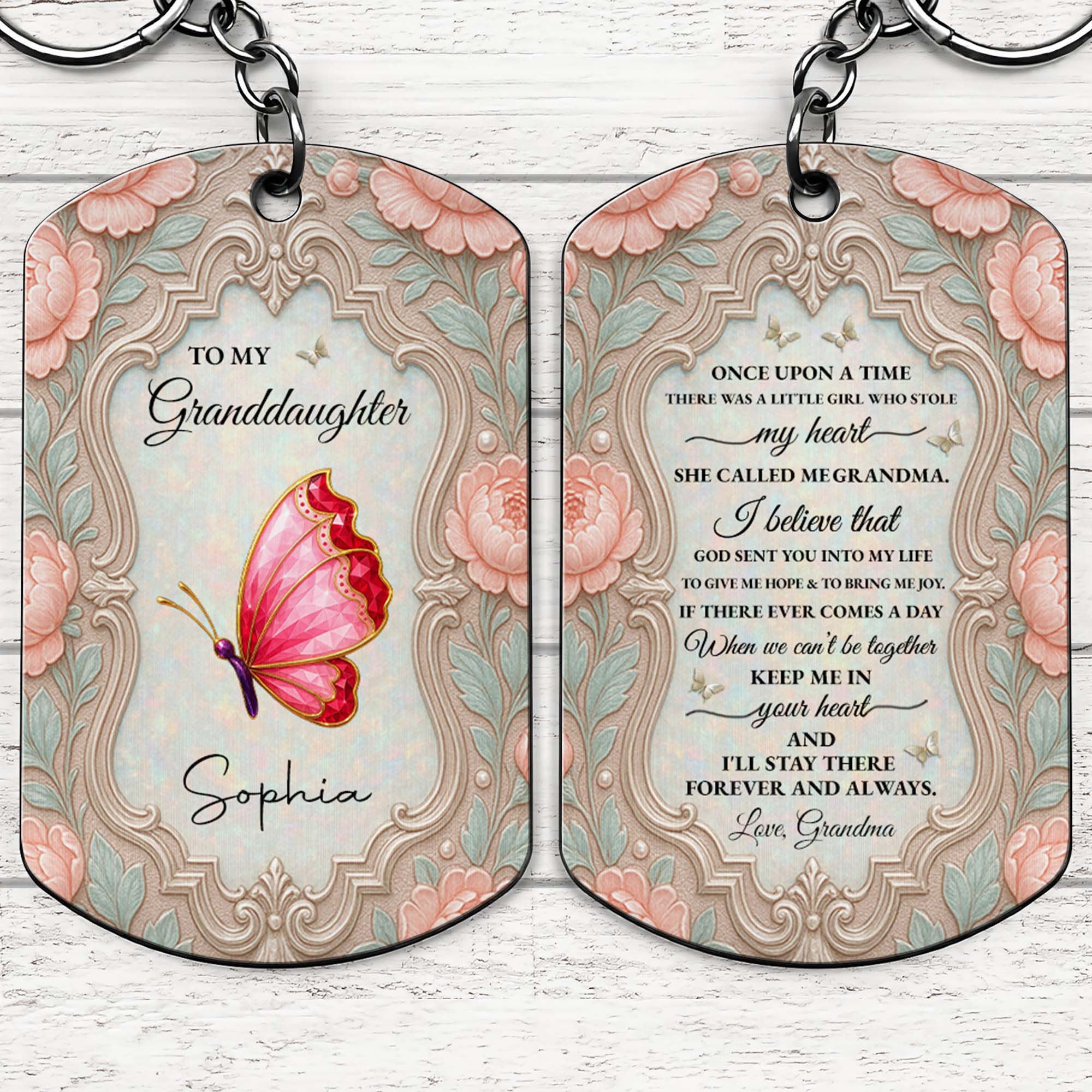 Personalized Stainless Steel Keychain for Granddaughter with Butterfly and Pink Flowers Stainless Steel Keychain GradoCreations