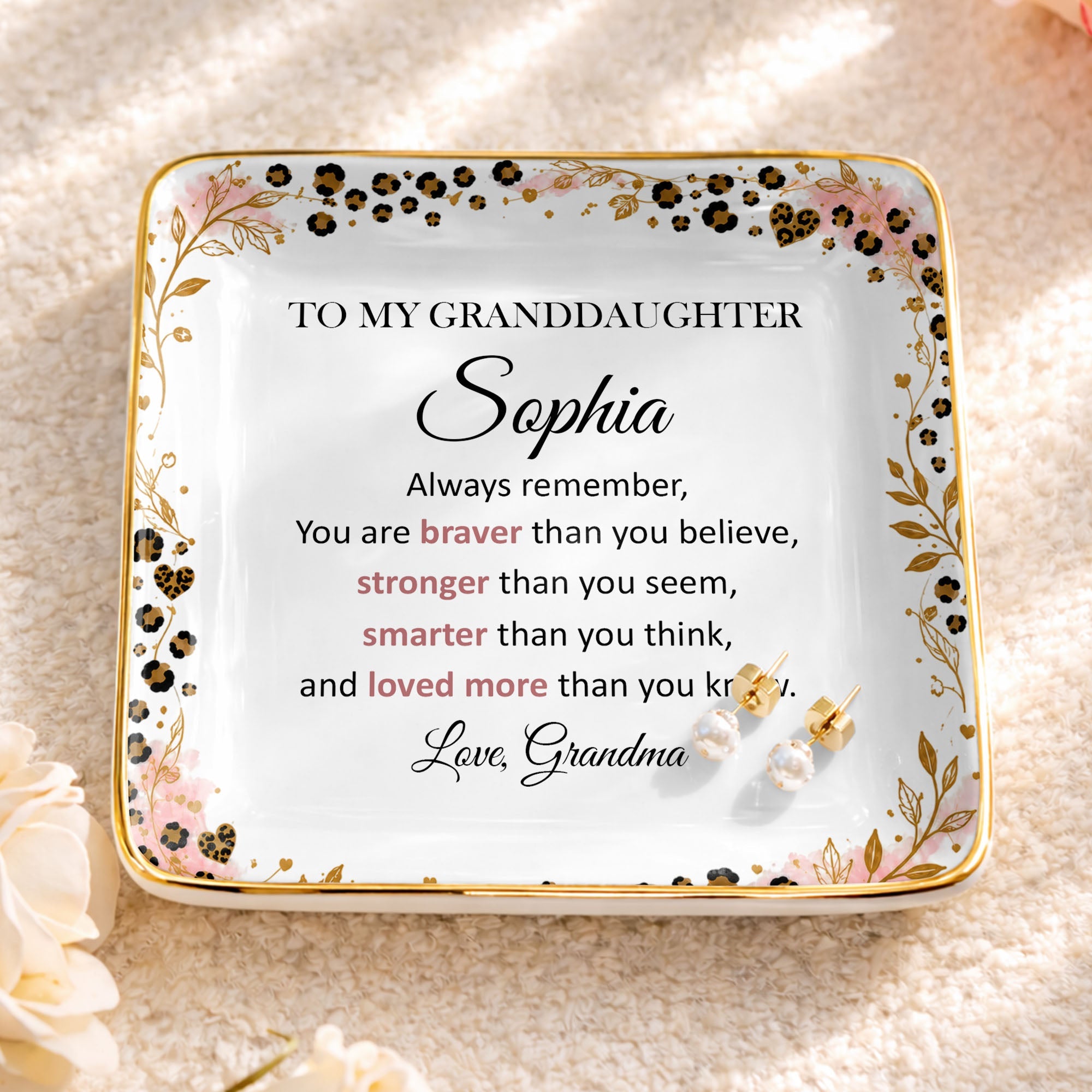 Personalized Square Ceramic Jewelry Dish for Granddaughter Gift Jewelry Dish GradoCreations