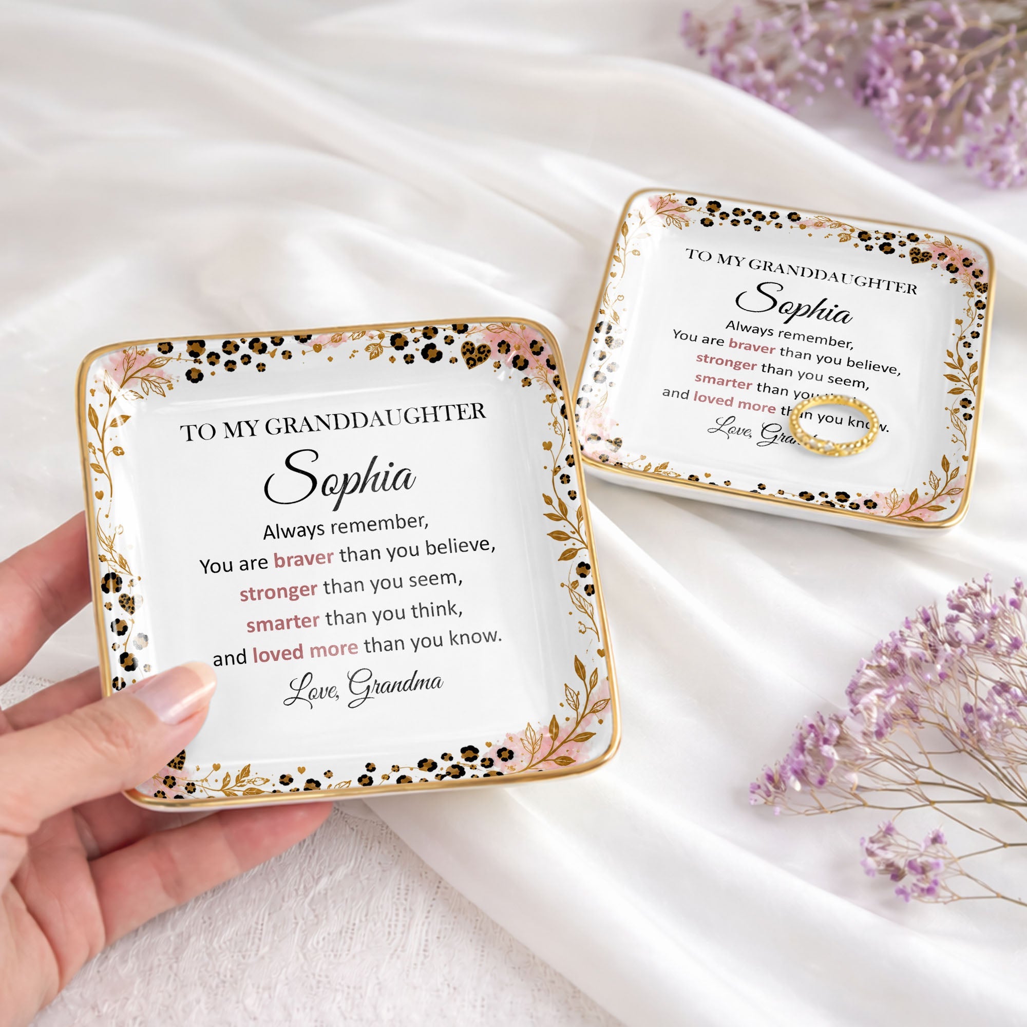Personalized Square Ceramic Jewelry Dish for Granddaughter Gift Jewelry Dish GradoCreations
