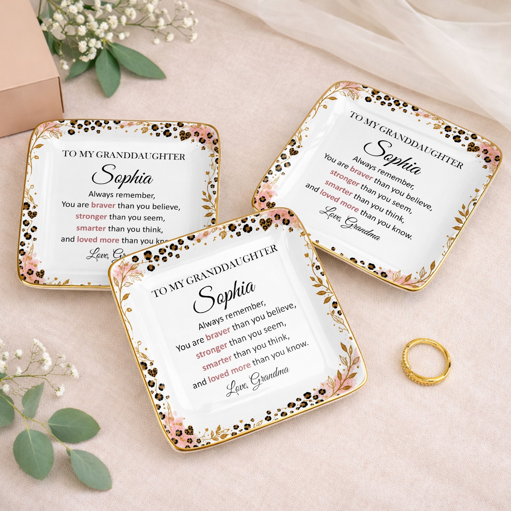 Personalized Square Ceramic Jewelry Dish for Granddaughter Gift Jewelry Dish GradoCreations