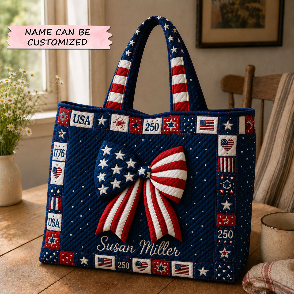 Personalized American Flag Quilted Tote Bag Gift for Her