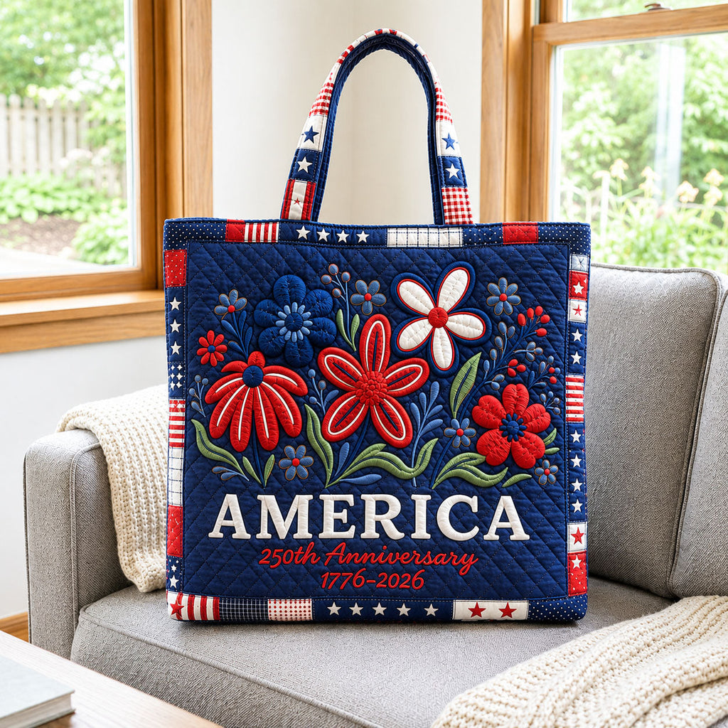 Personalized Patriotic Quilted Tote Bag Floral America 250th Anniversary Gift for Her