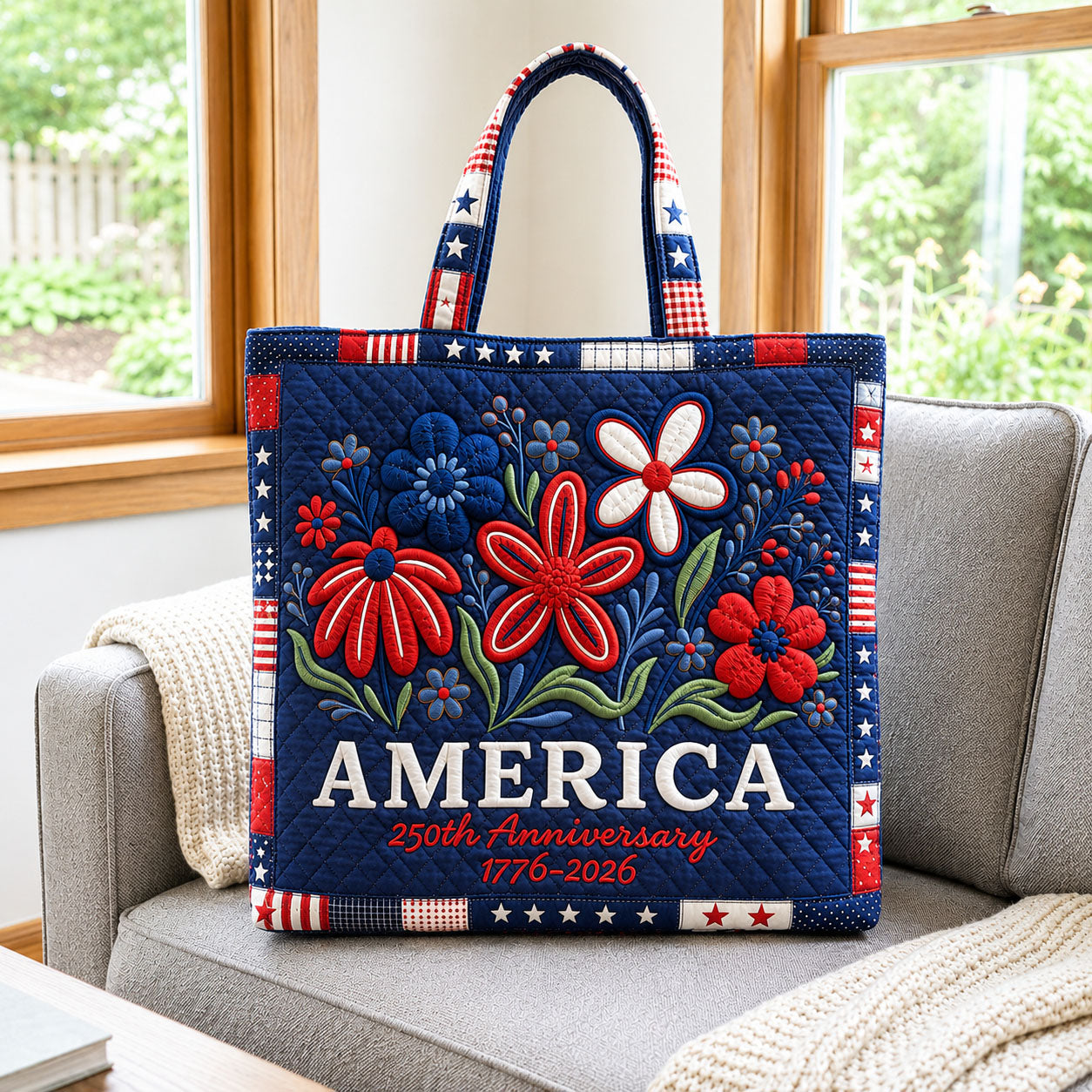 Personalized Patriotic Quilted Tote Bag Floral America 250th Anniversary Gift for Her