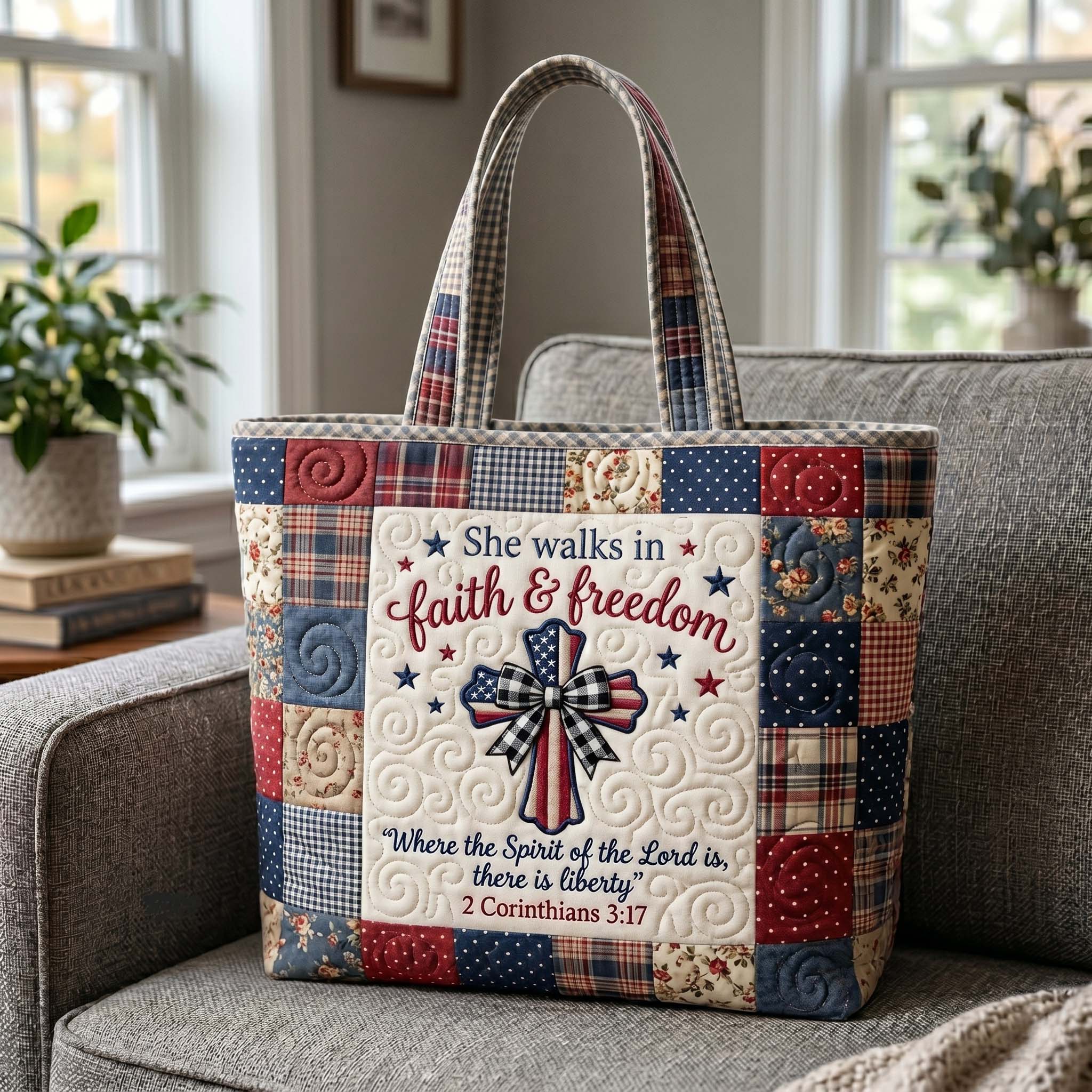 Personalized Patriotic Quilted Tote Bag with Bible Verse for Her