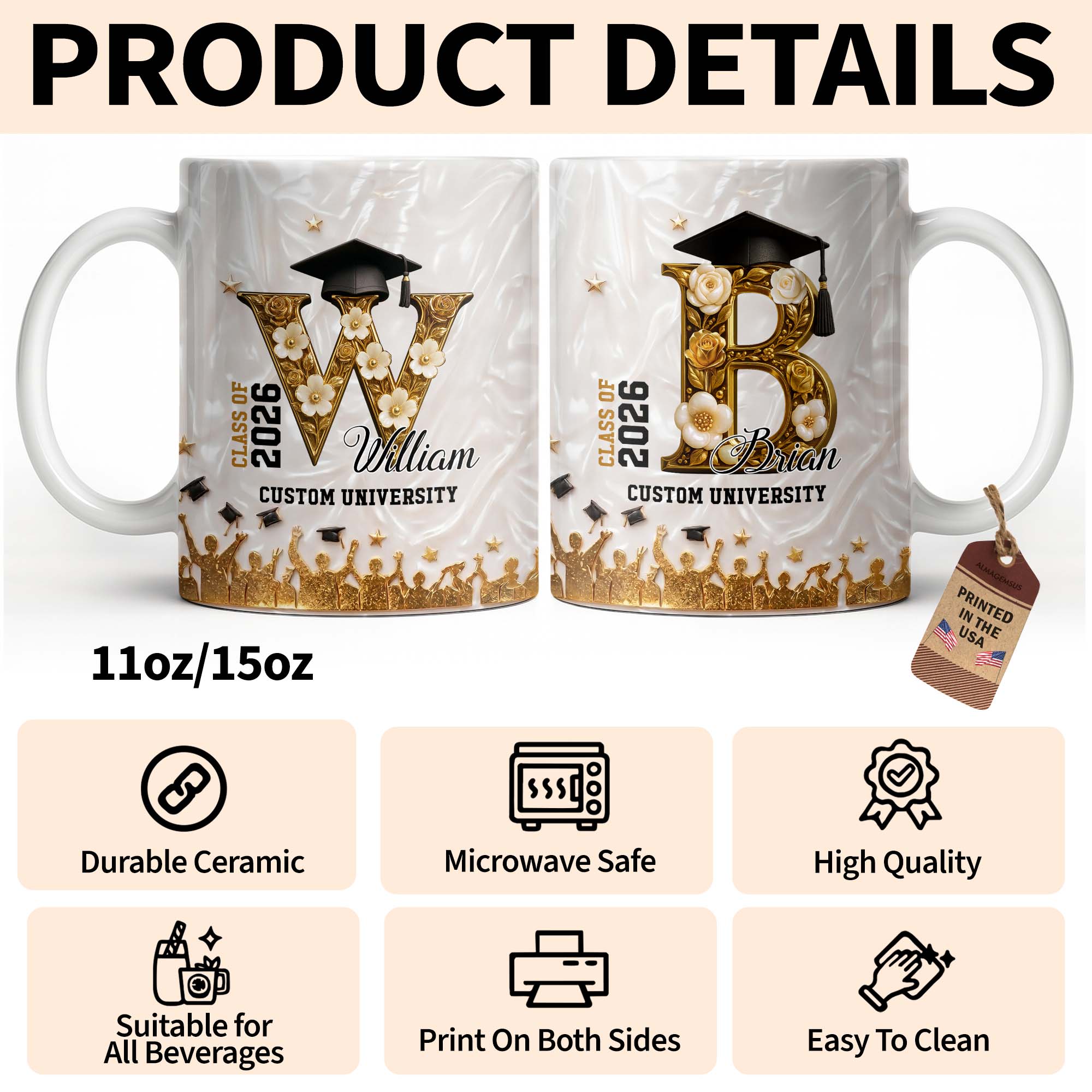 Personalized Graduation Mug Custom Name for Class of 2023 Gift Edge-to-edge Mug GradoCreations