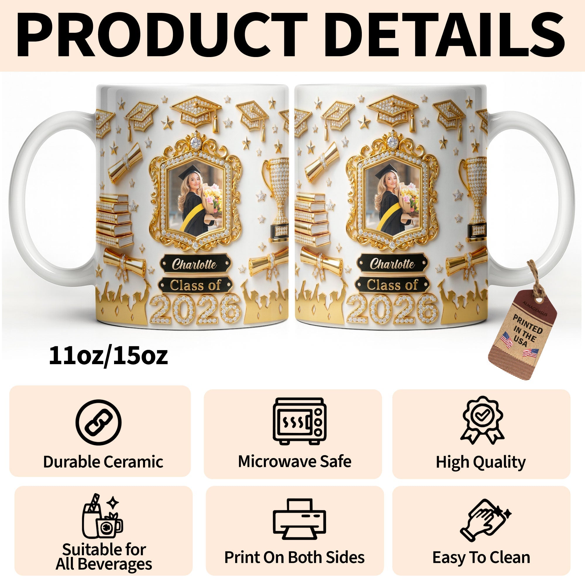 Personalized Graduation Coffee Mug Custom Photo Gift for Graduate Edge-to-edge Mug GradoCreations