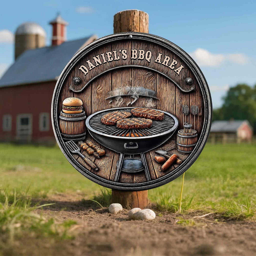 Personalized BBQ Area Metal Sign Custom Name Gift for Dad Custom Shaped Metal Sign GradoCreations