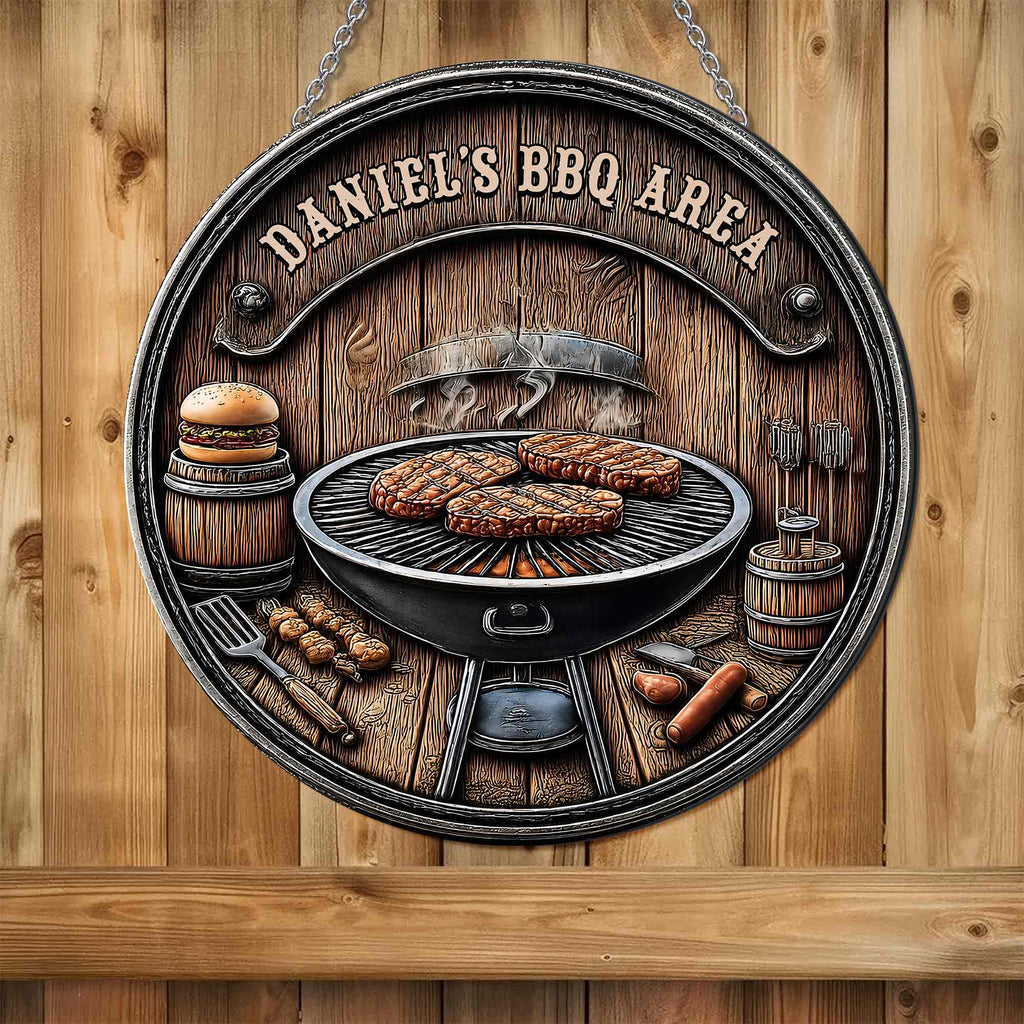 Personalized BBQ Area Metal Sign Custom Name Gift for Dad Custom Shaped Metal Sign GradoCreations