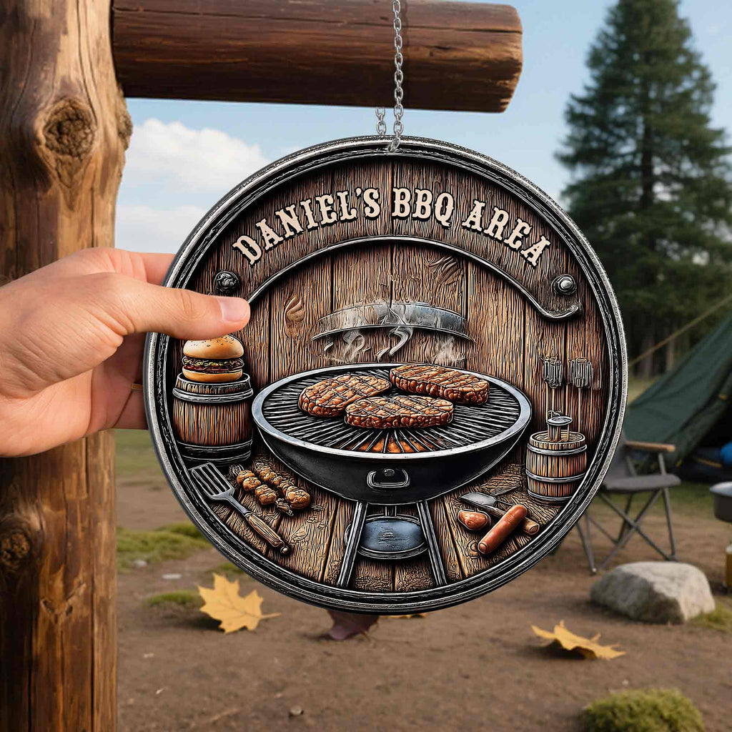Personalized BBQ Area Metal Sign Custom Name Gift for Dad Custom Shaped Metal Sign GradoCreations