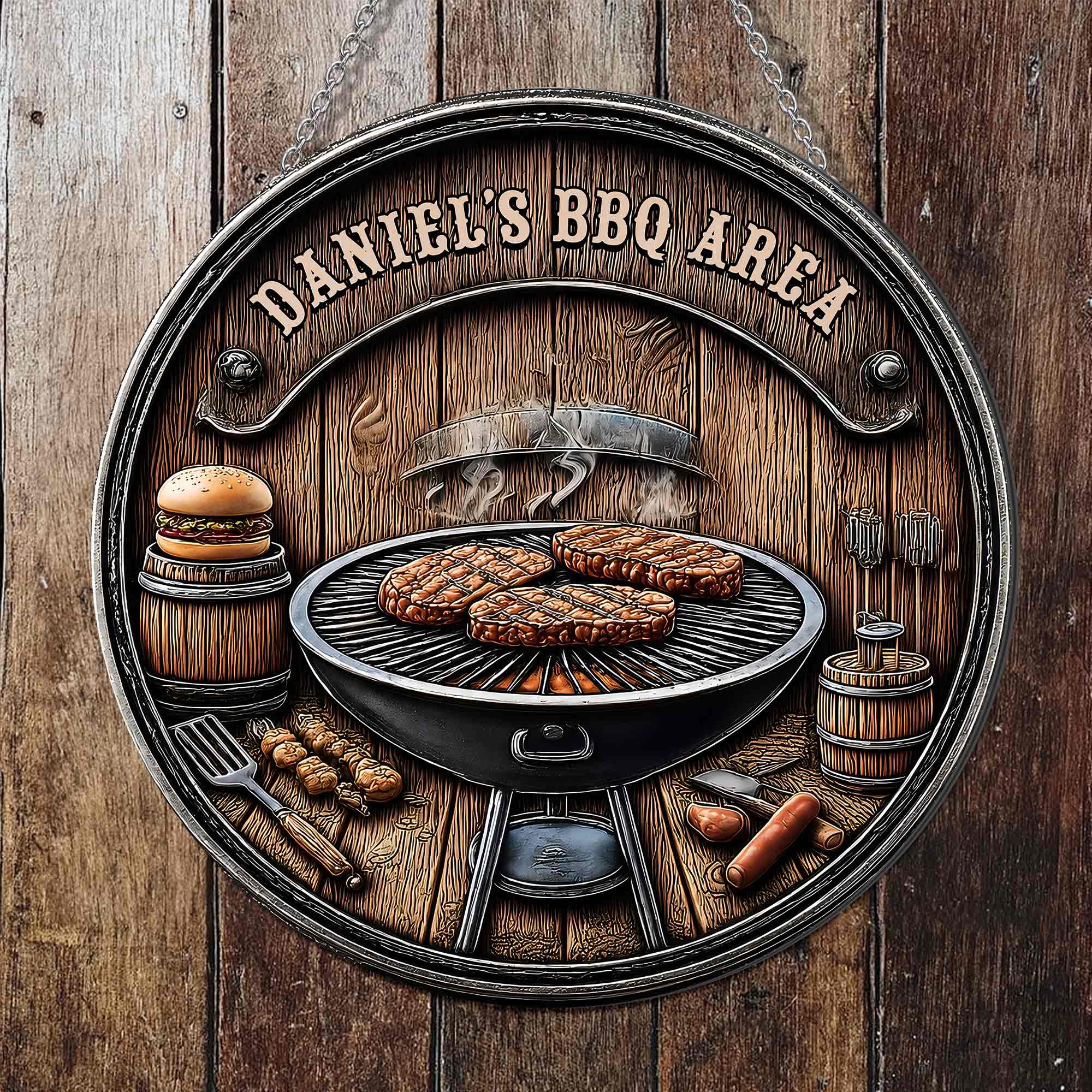 Personalized BBQ Area Metal Sign Custom Name Gift for Dad Custom Shaped Metal Sign GradoCreations