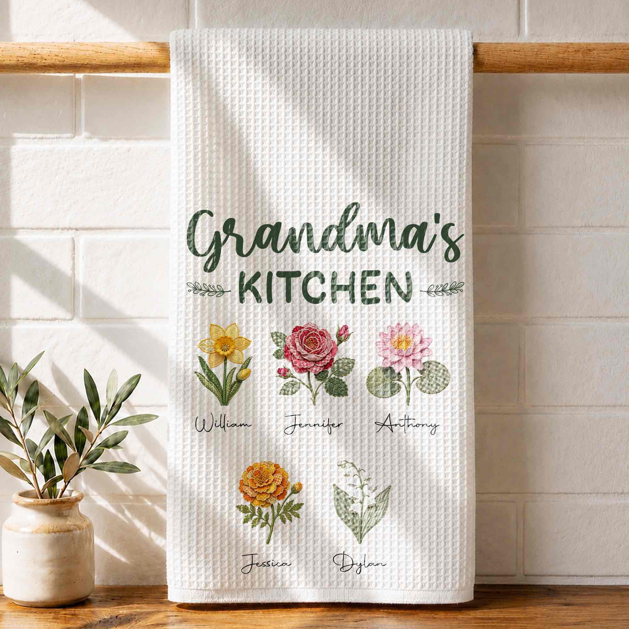 Personalized Kitchen Towel with Birth Month Flowers Gift for Grandma Kitchen Towel GradoCreations