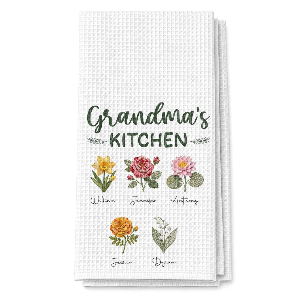Personalized Kitchen Towel with Birth Month Flowers Gift for Grandma Kitchen Towel GradoCreations